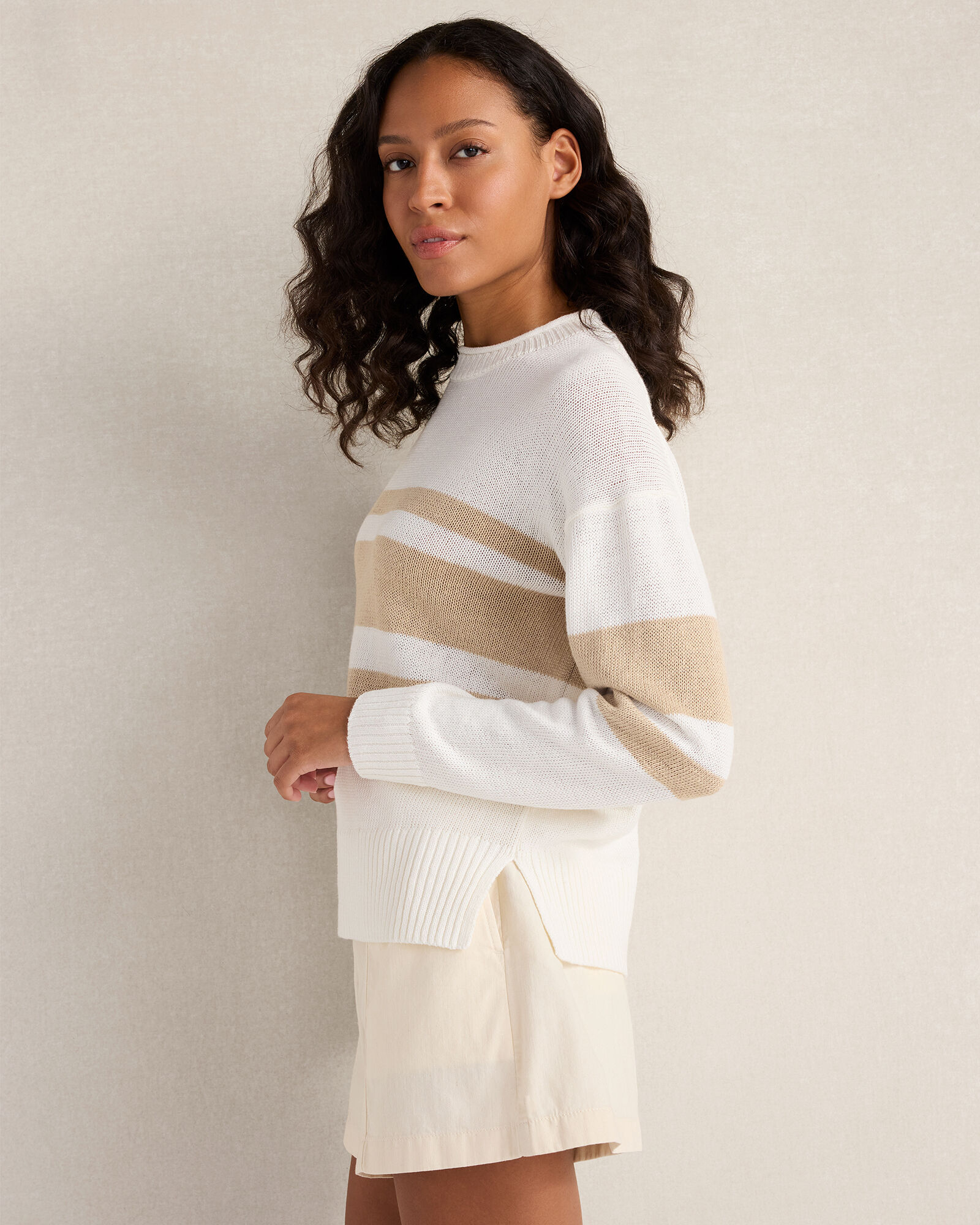 Cotton Linen Stripe Roll Neck Sweater