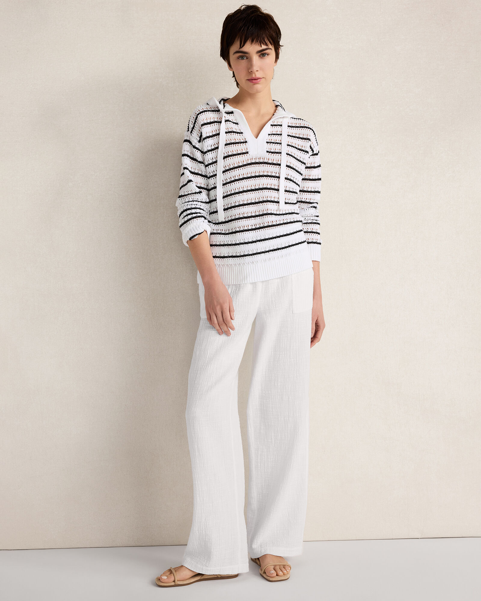 Linen Cotton Blend Striped Open Stitch Hoodie