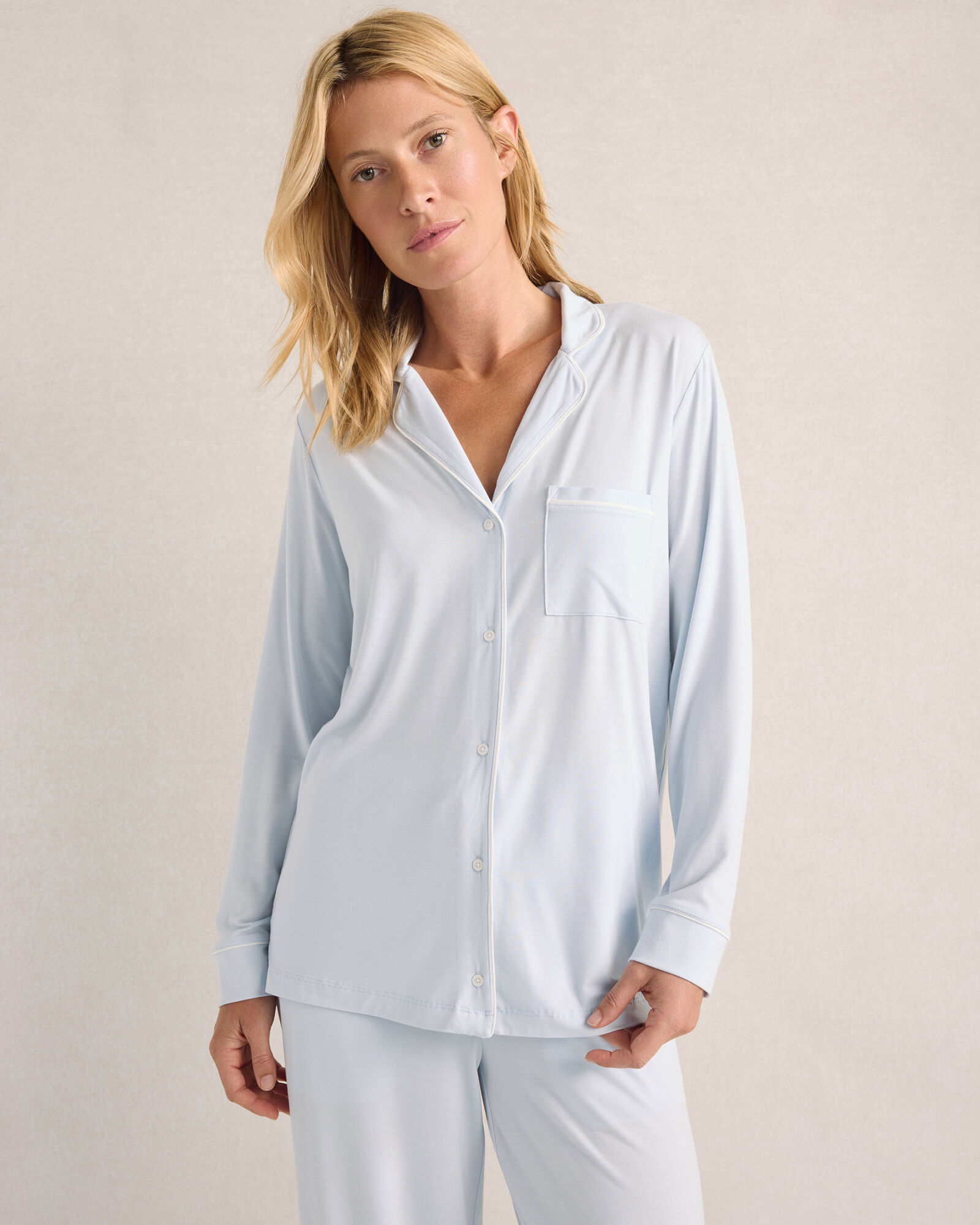 Calm &amp; Cool Notch Collar Long Sleeve Pajama Top