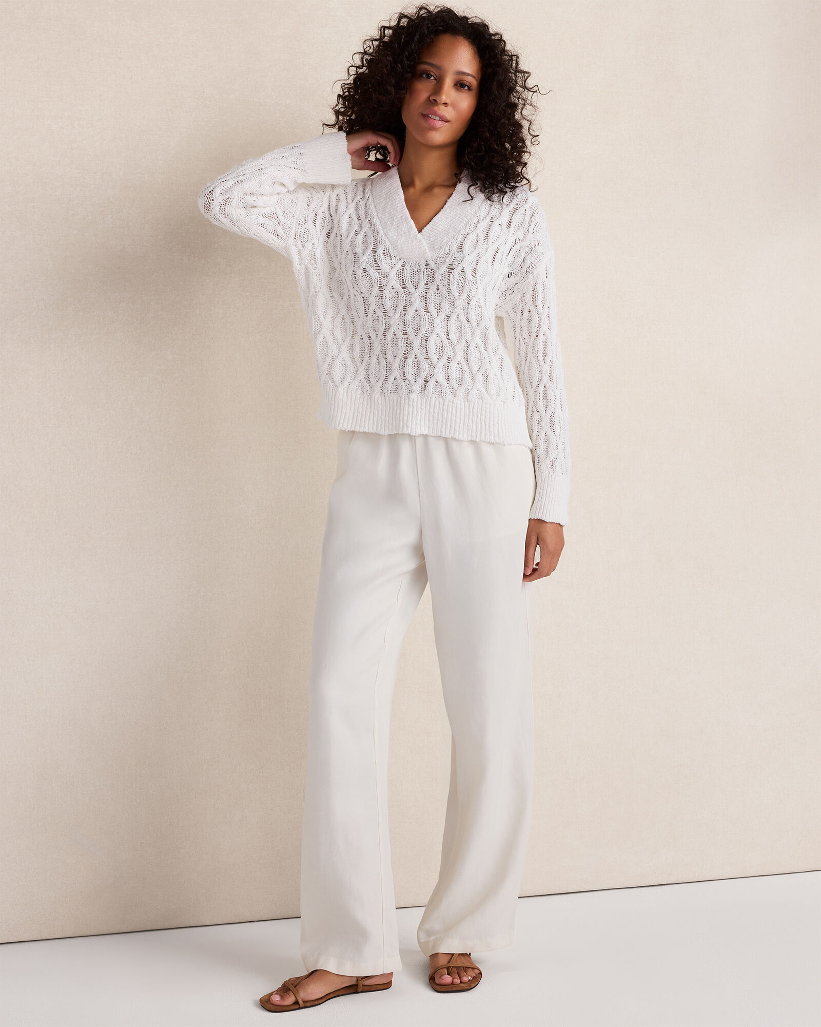 Slubby Cotton Linen V-Neck Sweater
