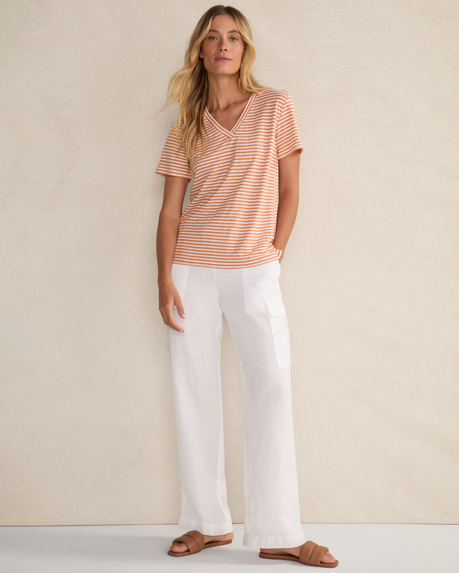Linen Stripe Short Sleeve V-Neck Tee