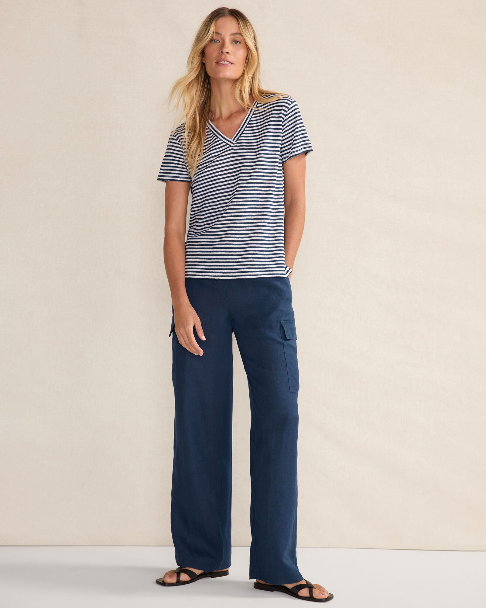 Linen Stripe Short Sleeve V-Neck Tee