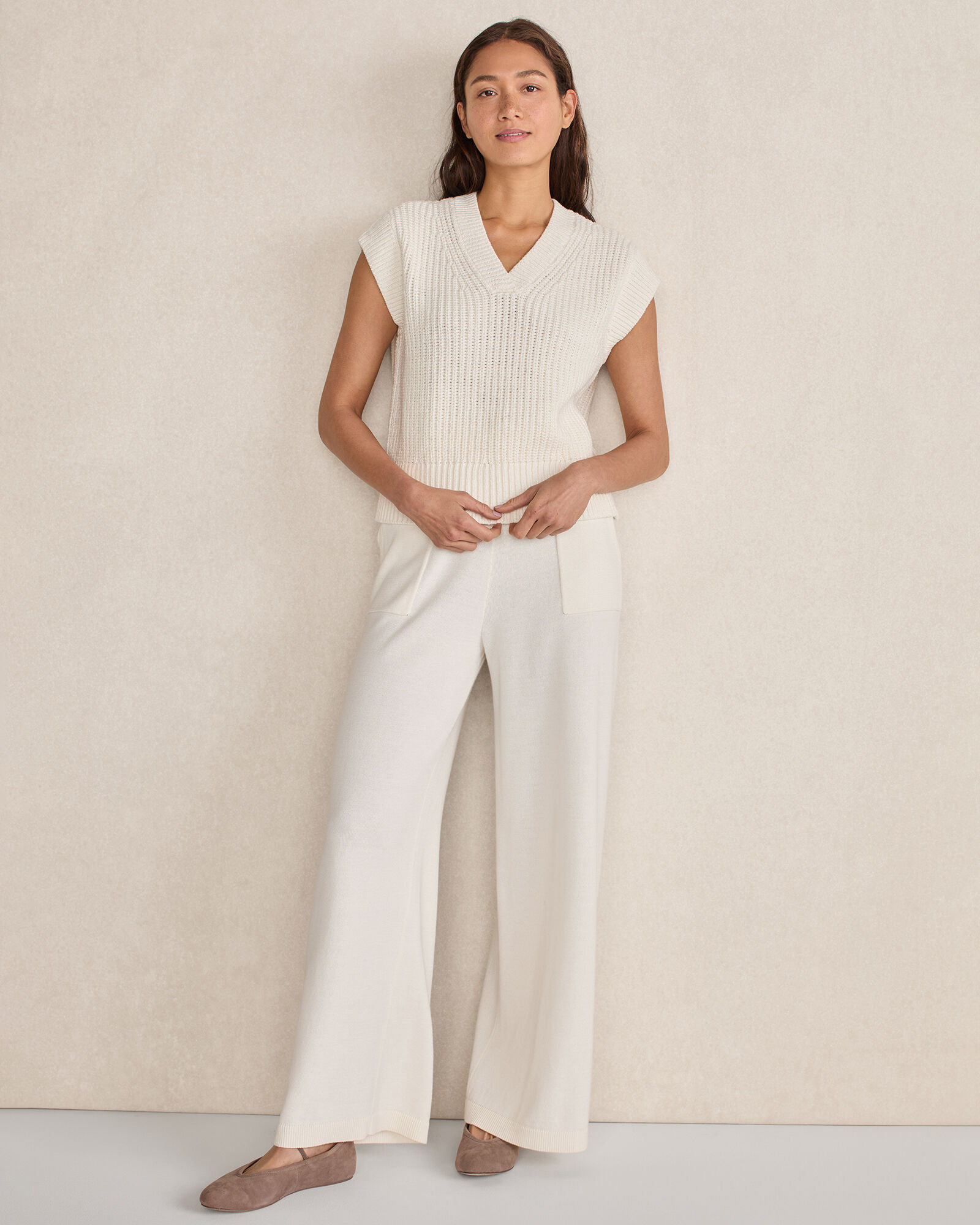 Organic Cotton Linen Shaker Stitch V-Neck Sweater