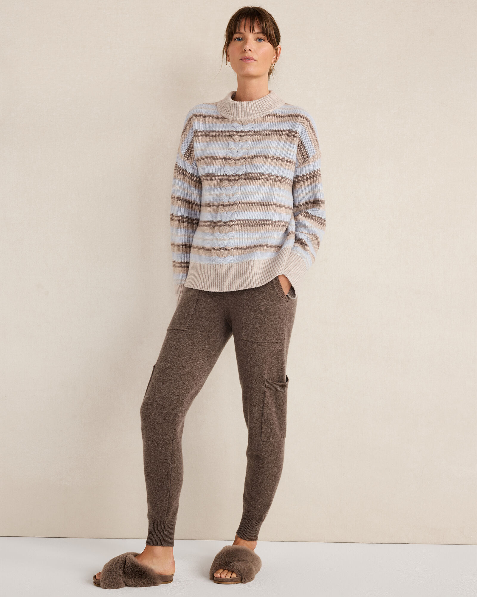 Wool Blend Cable Stripe Crewneck Sweater