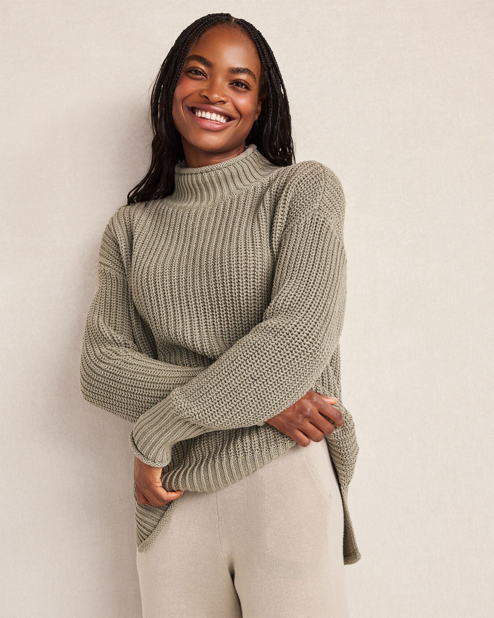 Organic Cotton Shaker Stitch Roll Neck Sweater