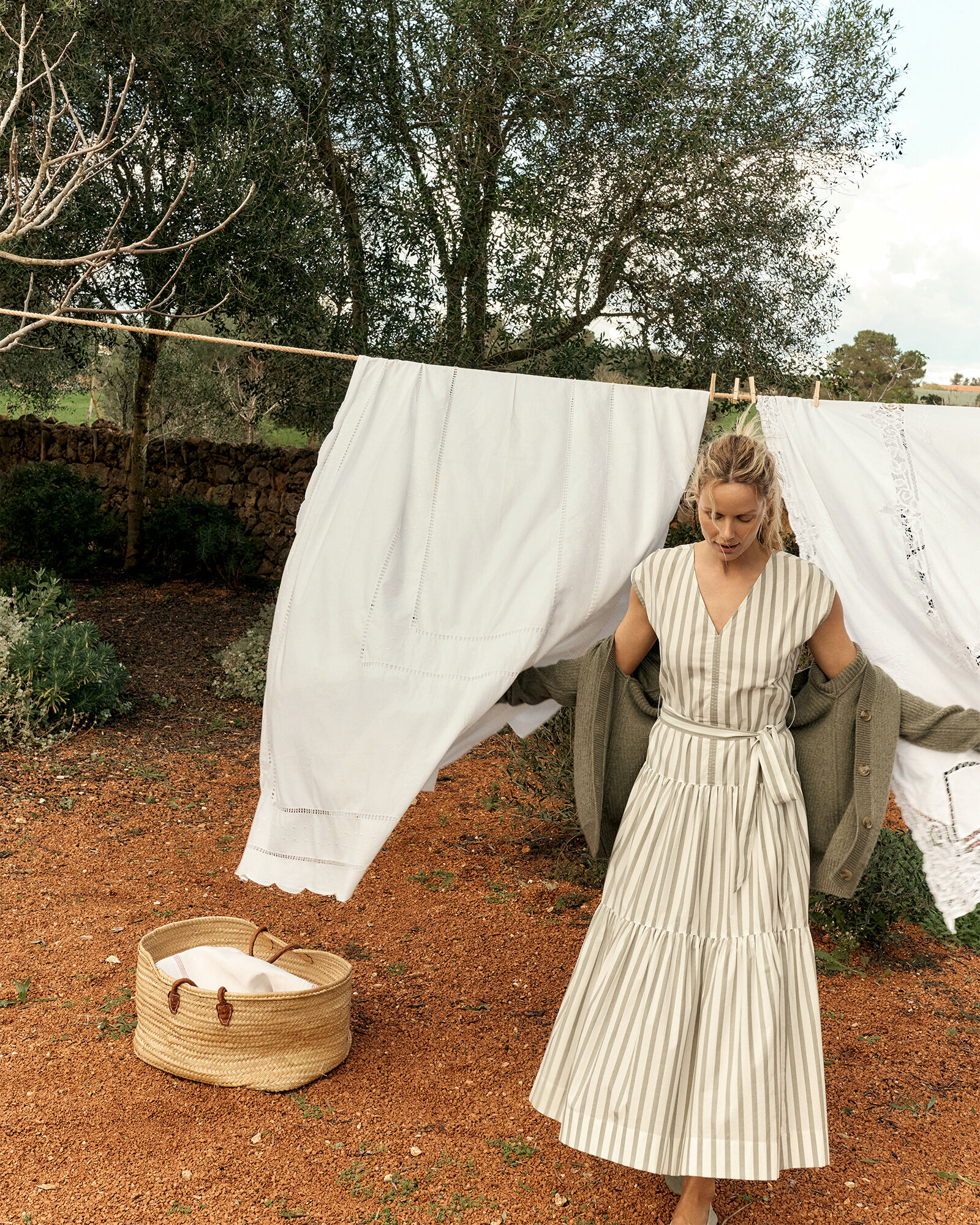 Organic Cotton Poplin Stripe Tiered Midi Dress