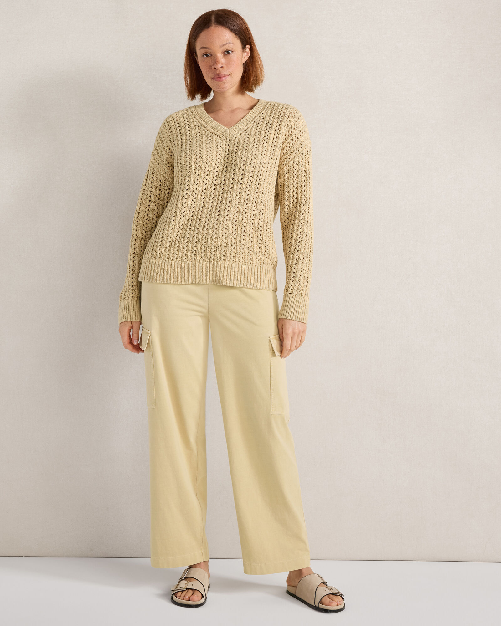 Textured Cotton Blend V-Neck Sweater