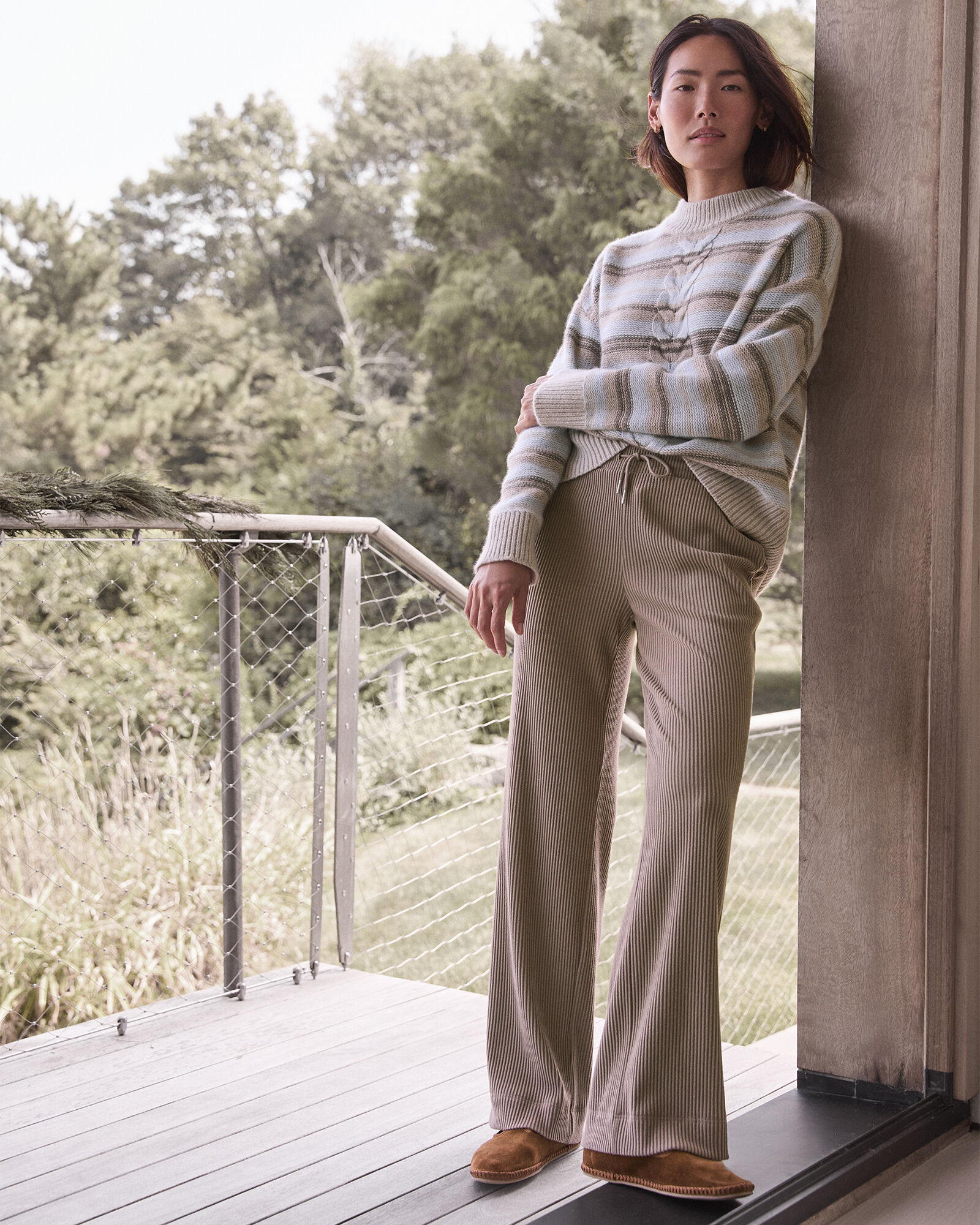 Wool Blend Cable Stripe Crewneck Sweater