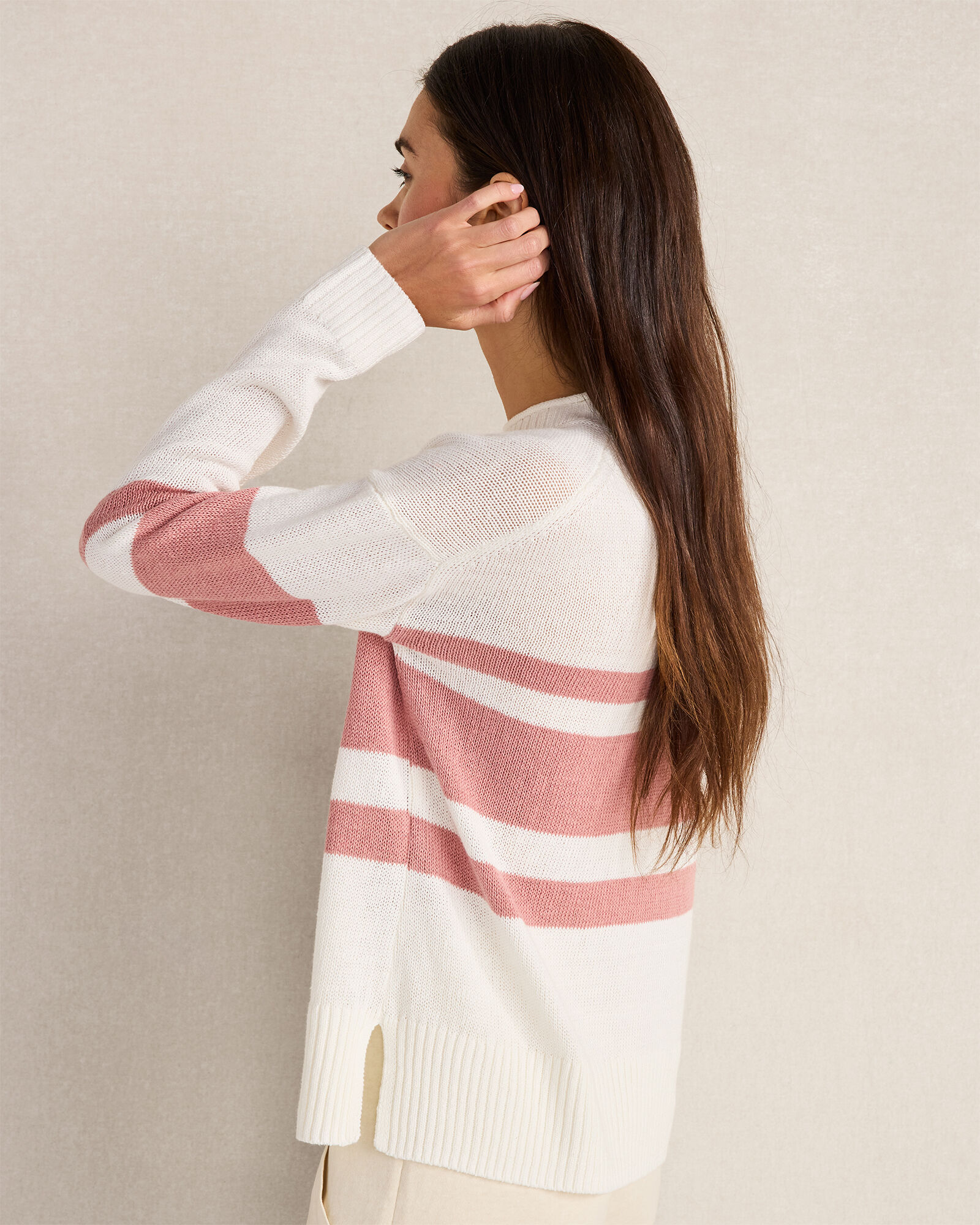 Cotton Linen Stripe Roll Neck Sweater