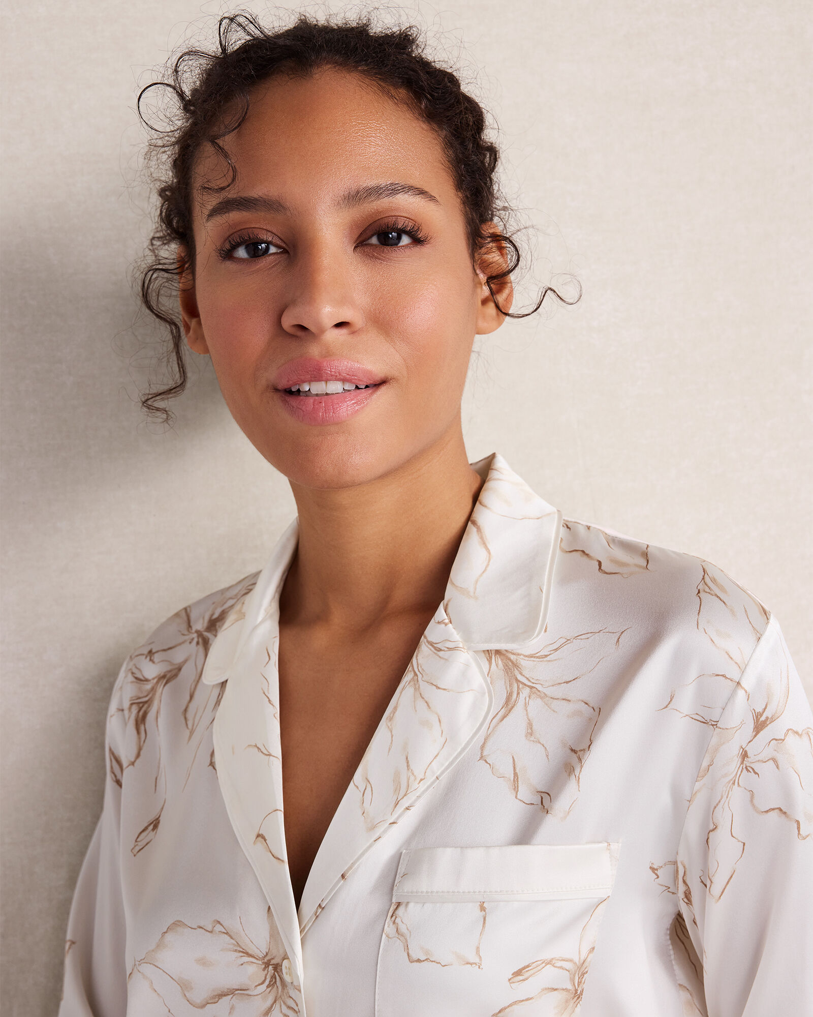 Washable Silk Floral Notch Collar Pajama Top