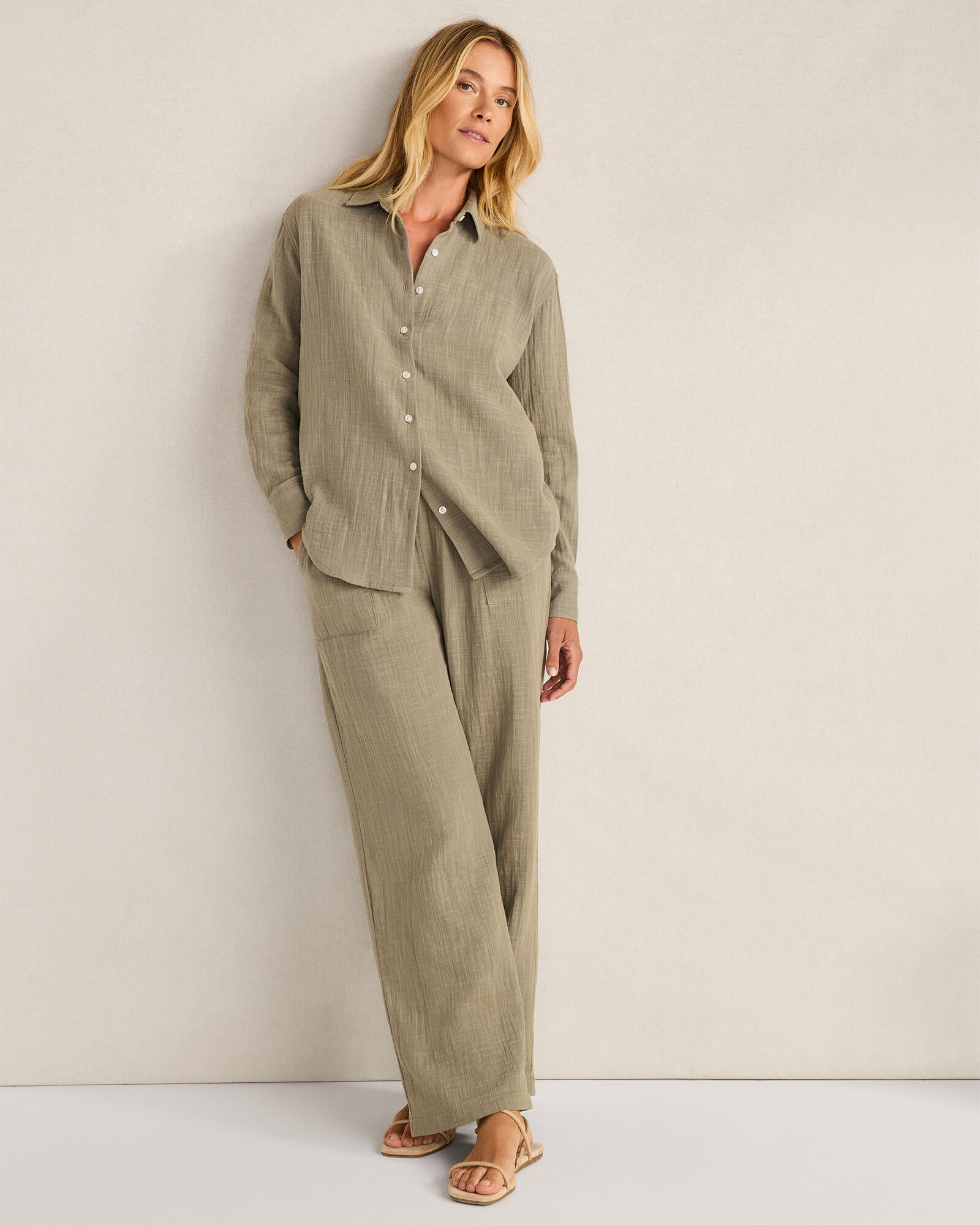 Textured Cotton Gauze Pants