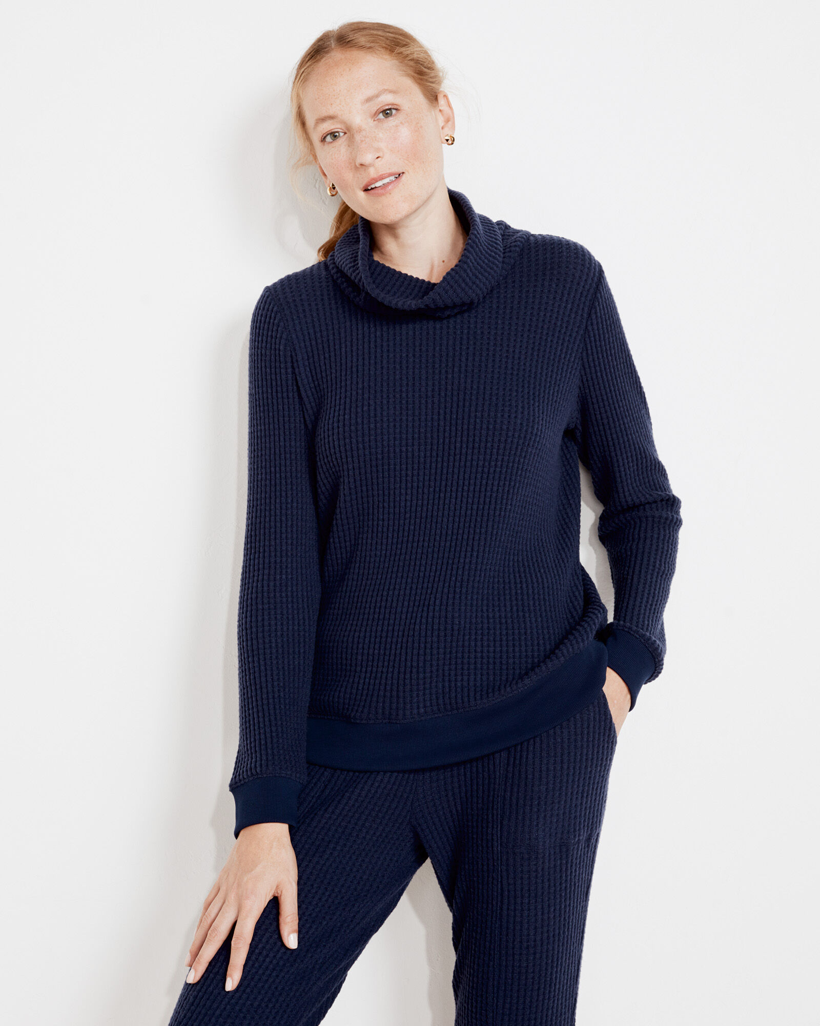 Waffle knit top cowl neck sweater