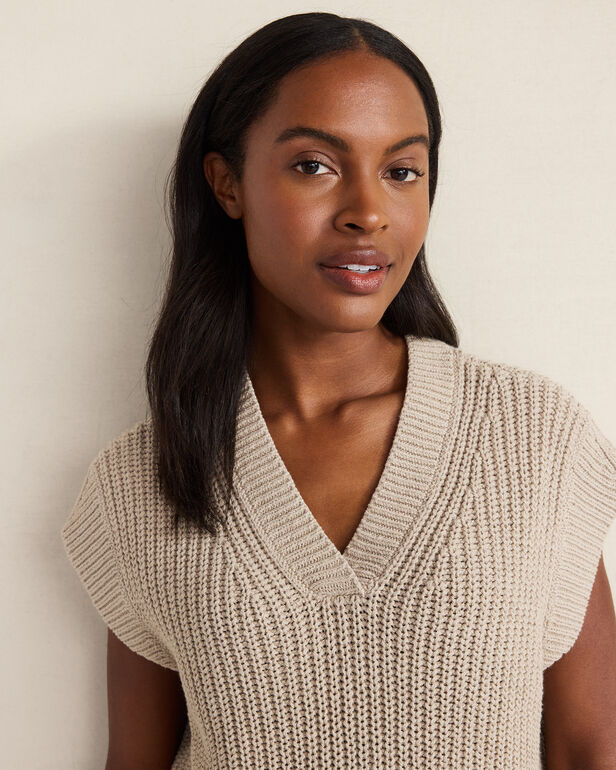 Organic Cotton Linen Shaker Stitch V-Neck Sweater