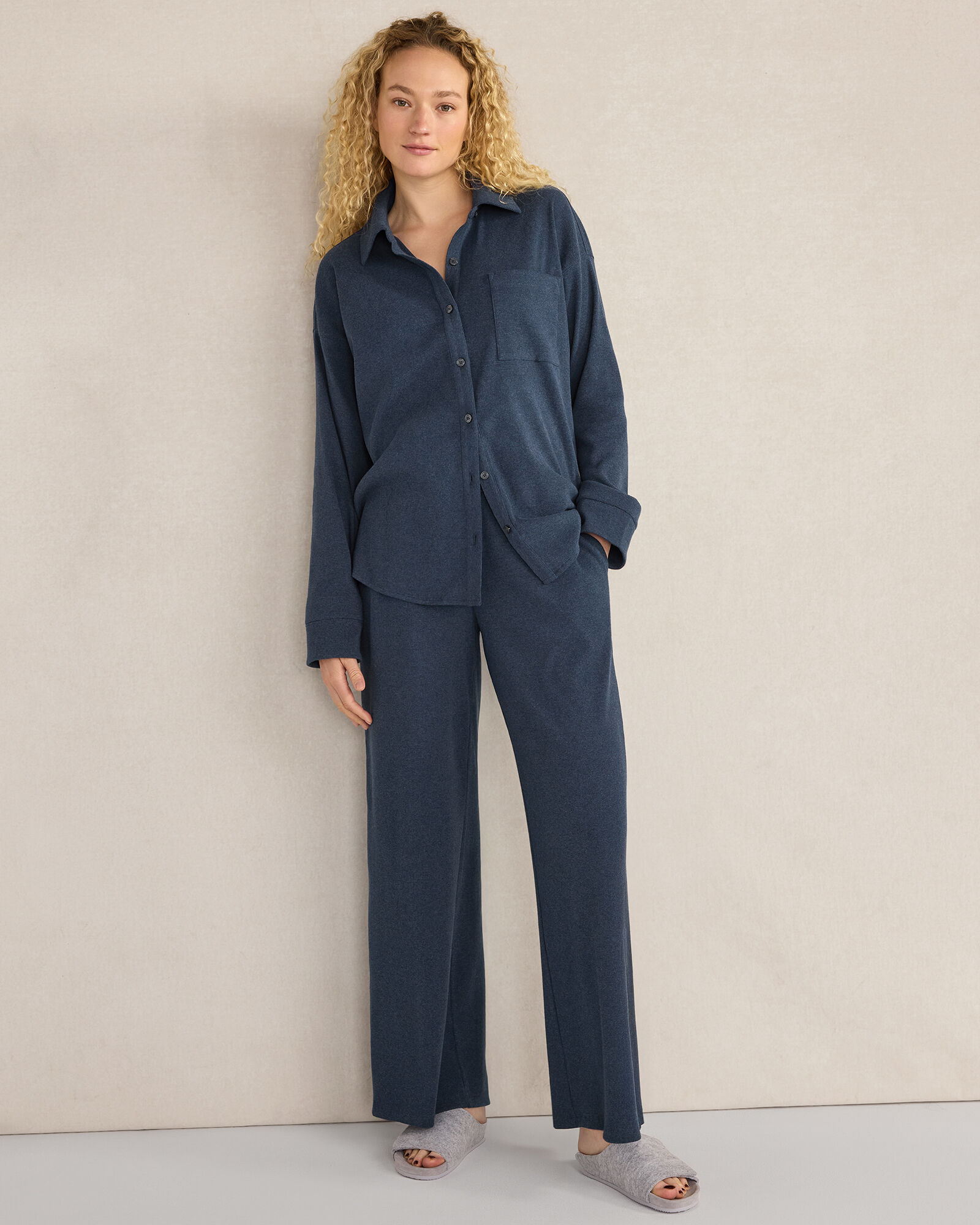 Organic Cotton Rib Knit Relaxed Button Down Top