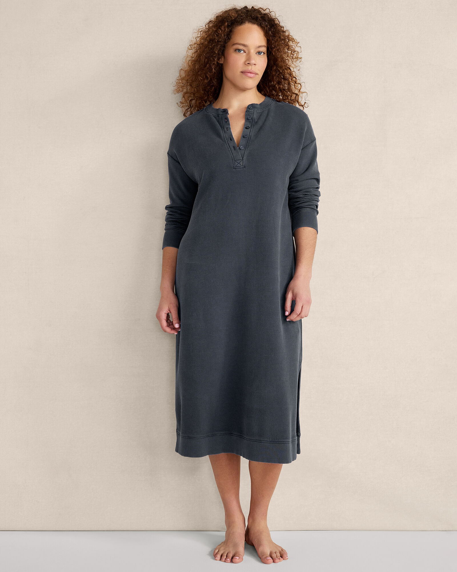 Organic Cotton Garment Dyed Waffle Knit Henley Dress Haven Well Within