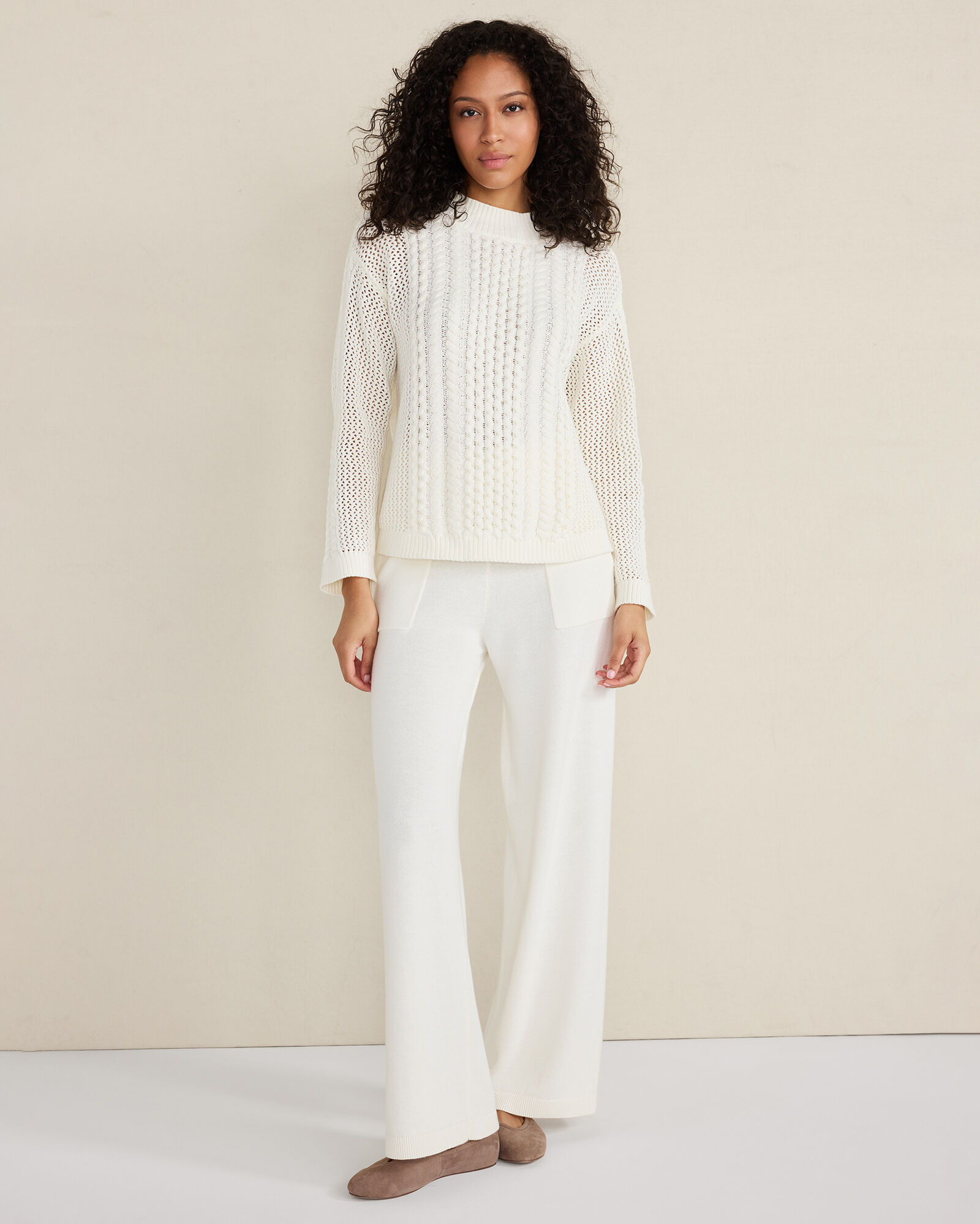 Cotton Blend Mixed Stitch Crewneck Sweater