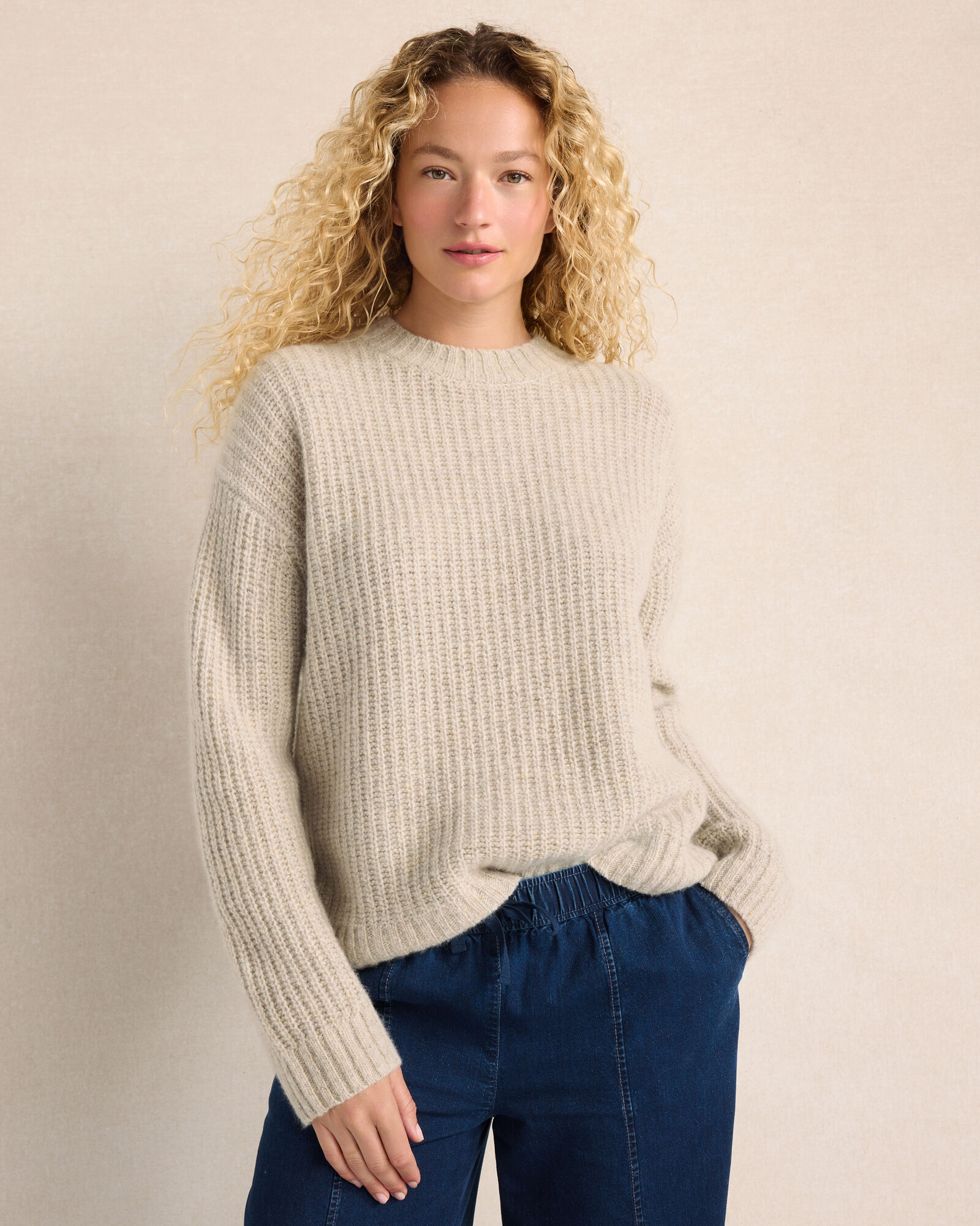 Marled Cashmere Shaker Stitch Crewneck Sweater