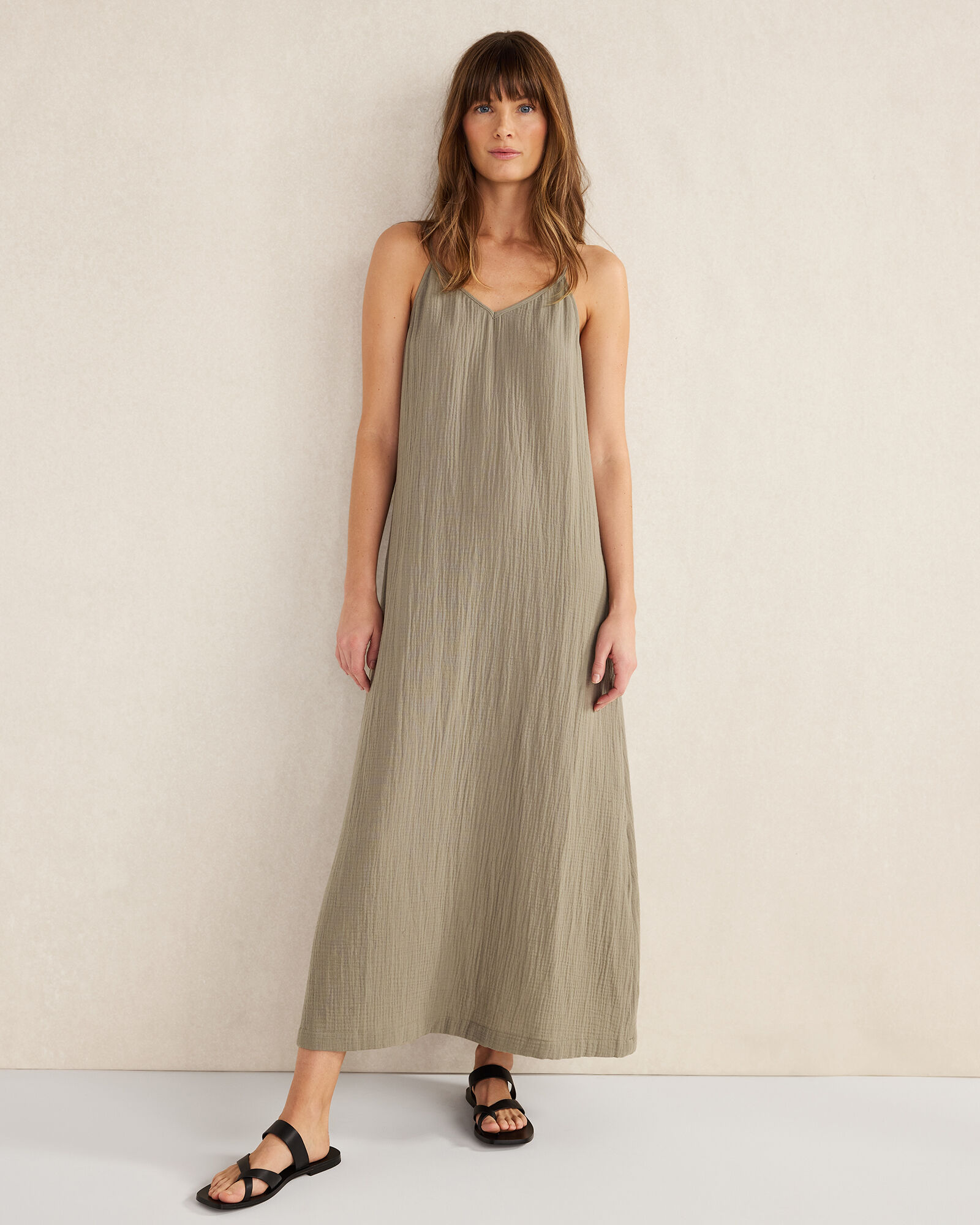 double gauze maxi dress 100% Organic Cotton Gauze Tiered Maxi Dress in Khaki Gingham