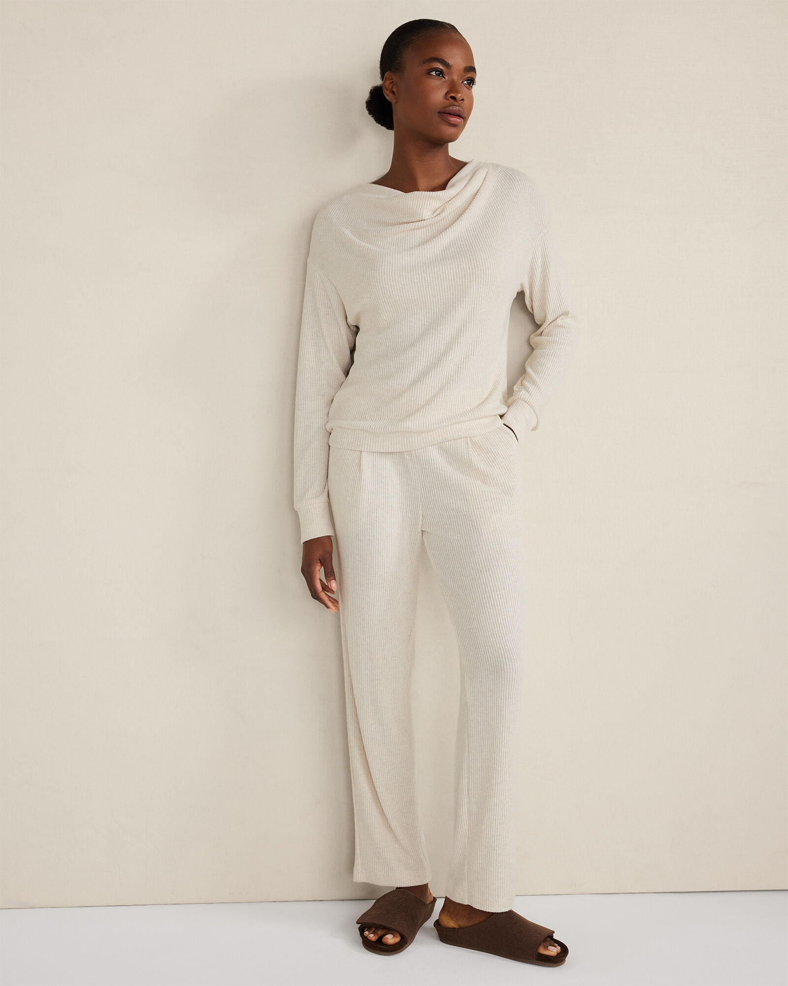 Brushed Rib Knit Drape Neck Top