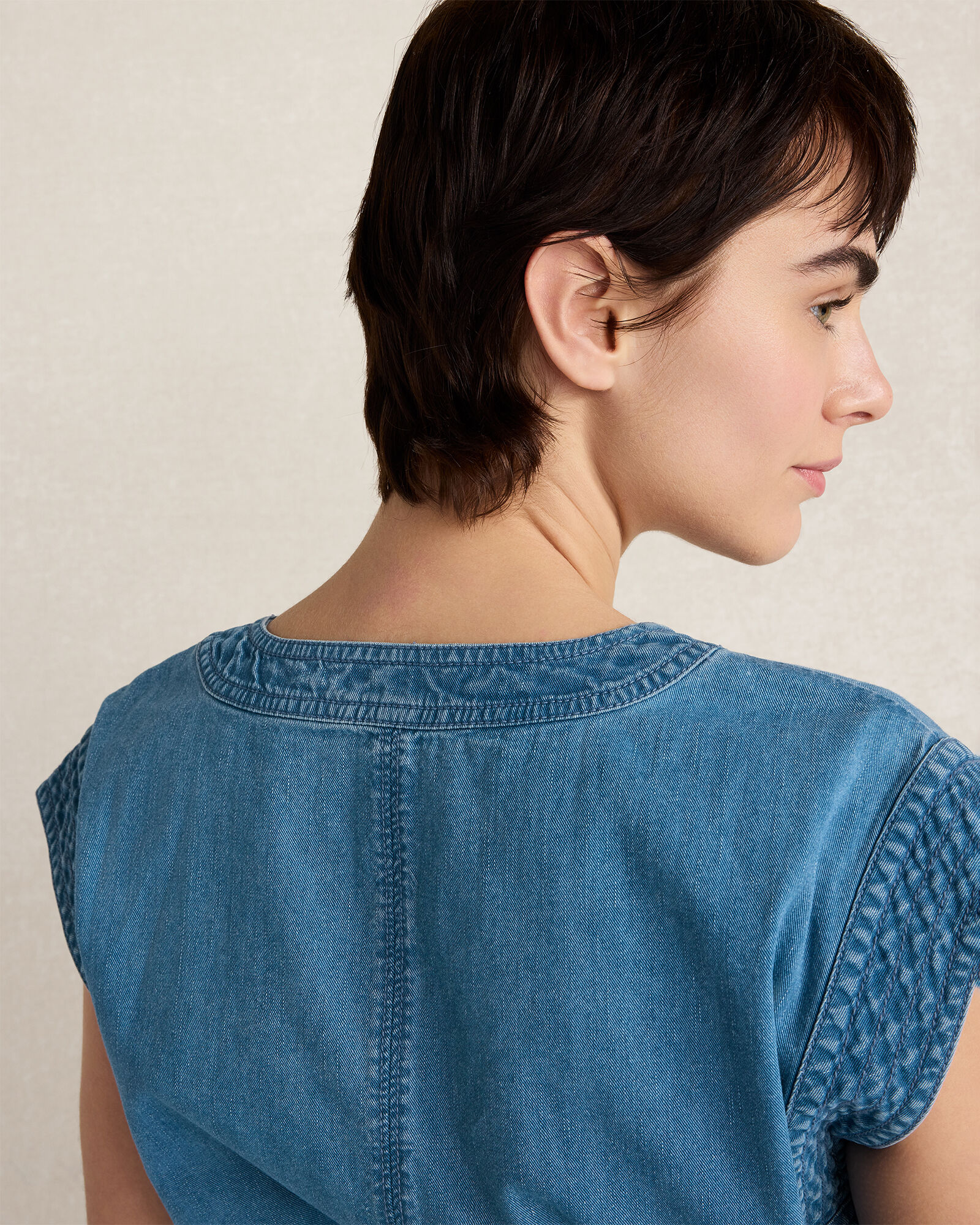 Organic Cotton Denim V-Neck Belted Top