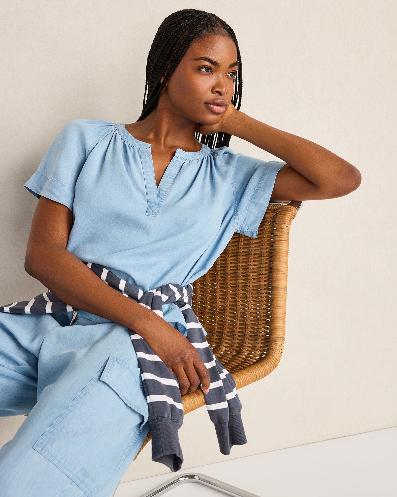 Chambray Gathered Split Neck Top