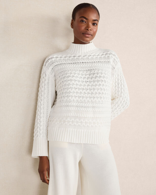 Organic Cotton Cable Knit Funnel Neck Sweater