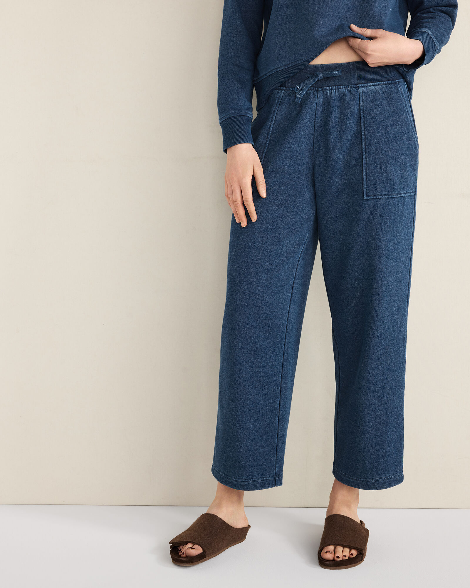 Indigo Washed Cotton Fleece Straight Leg Pants