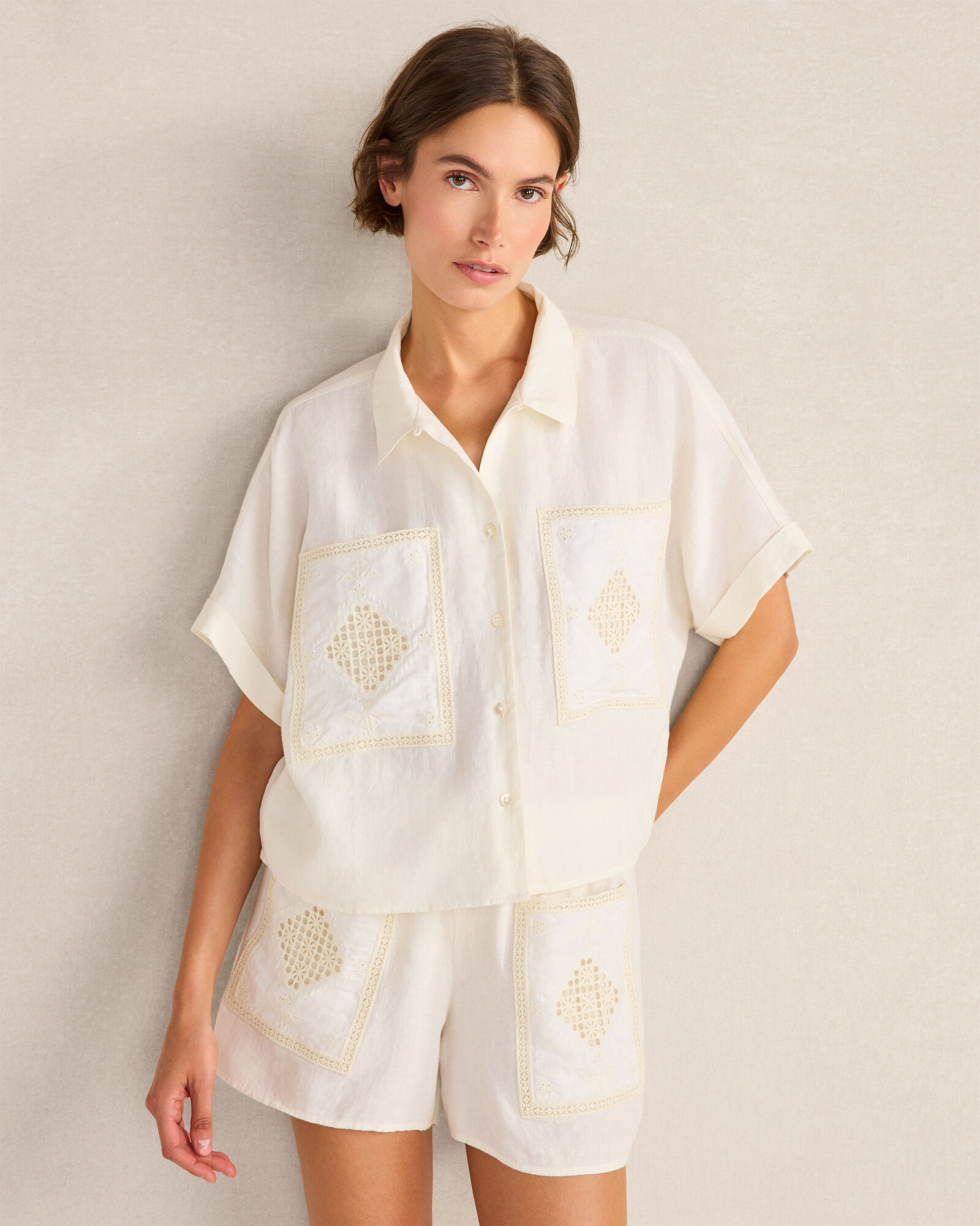 Organic Cotton Linen Embroidered Pocket Shorts