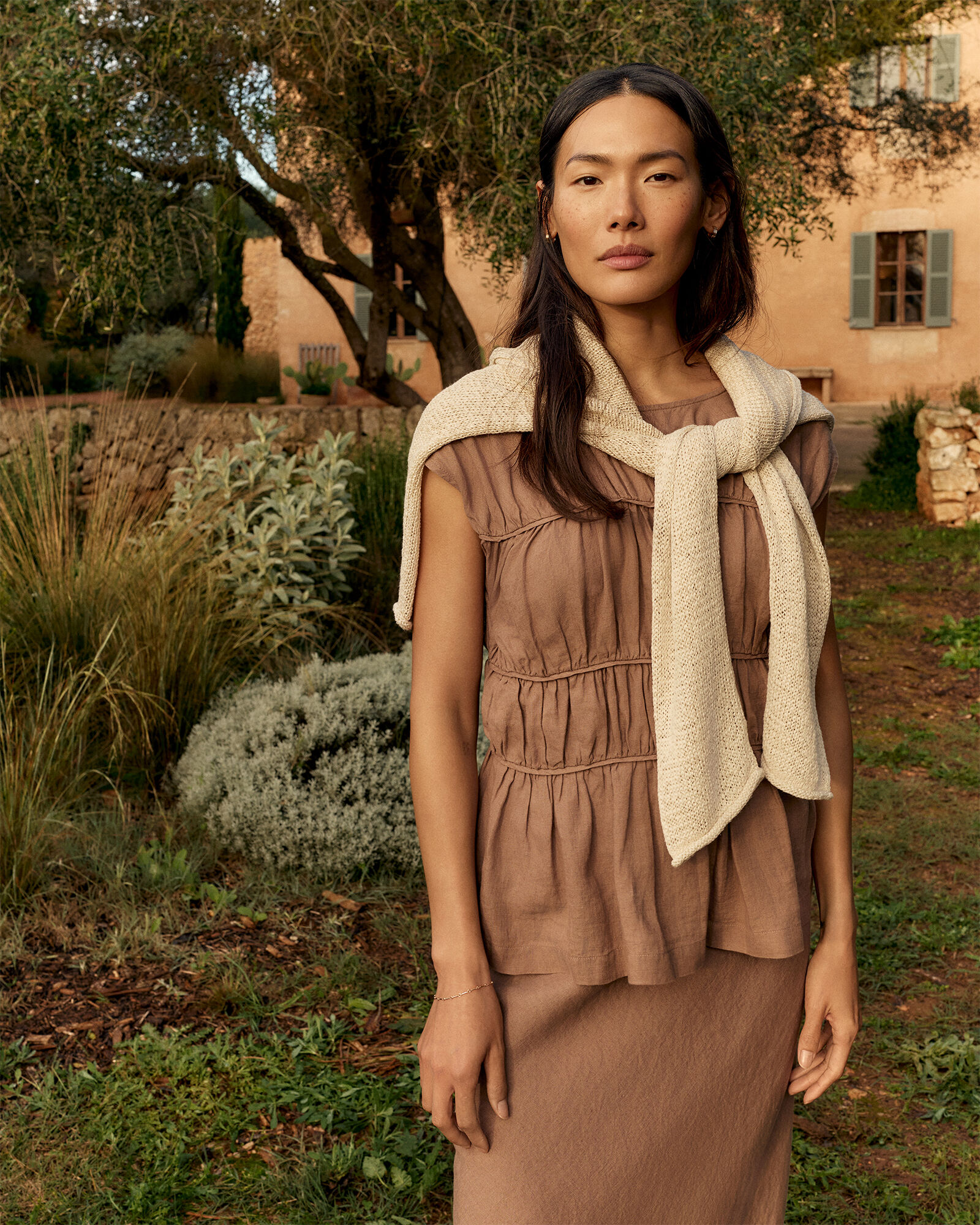 Linen Shirred Sleeveless Top