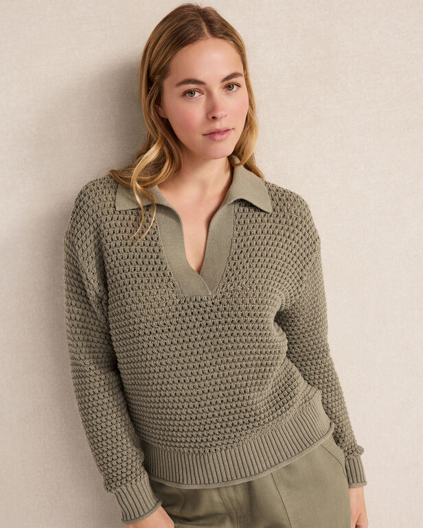 Cotton Wave Stitch Johnny Collar Sweater
