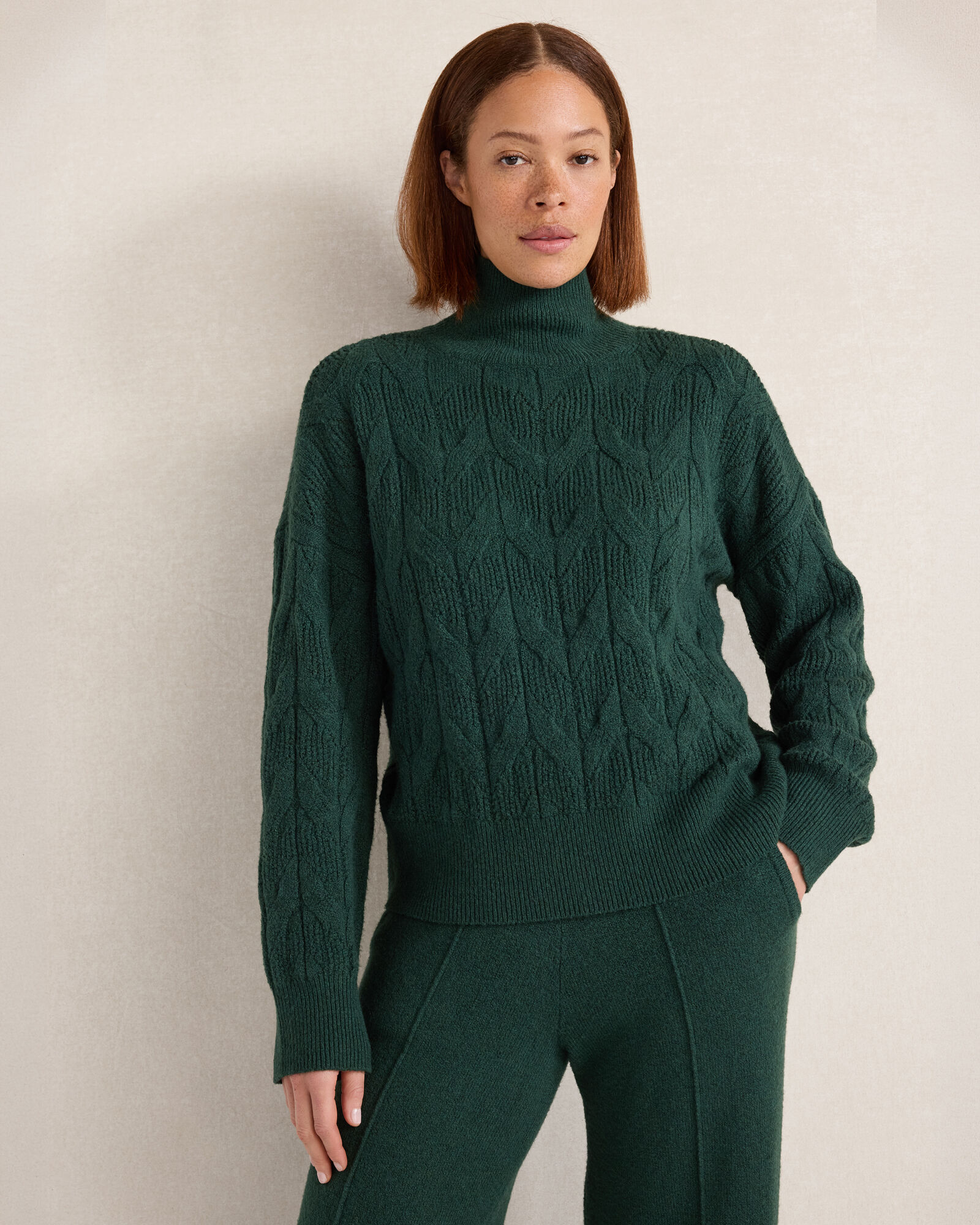 Organic Cotton Blend Cable Knit Mockneck Sweater