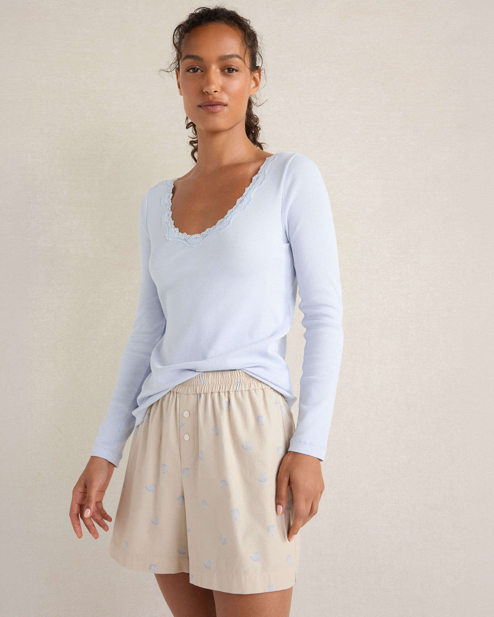 Resti Organic Cotton Rib Lace Long Sleeve Top