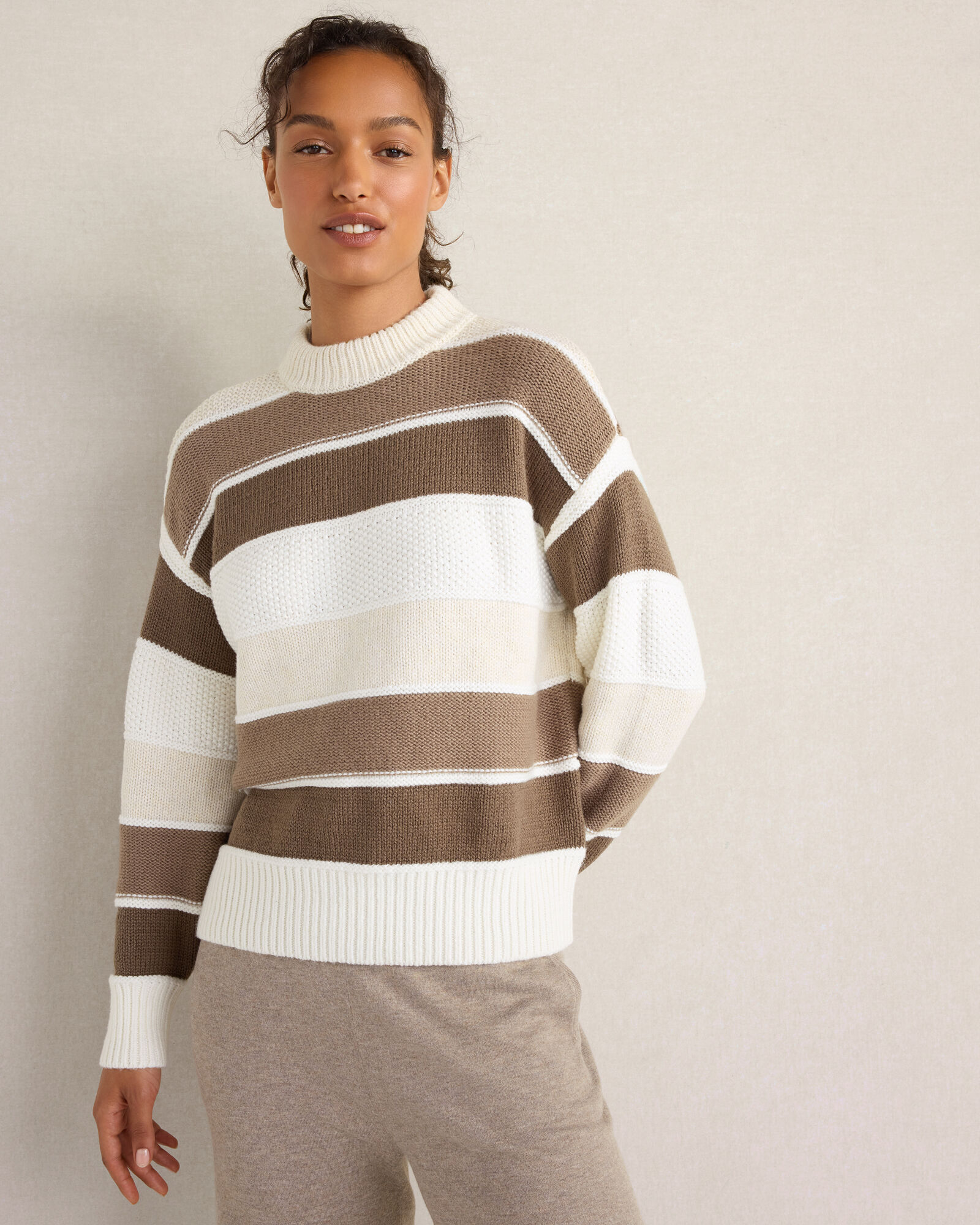 Cotton Blend Striped Crewneck Sweater