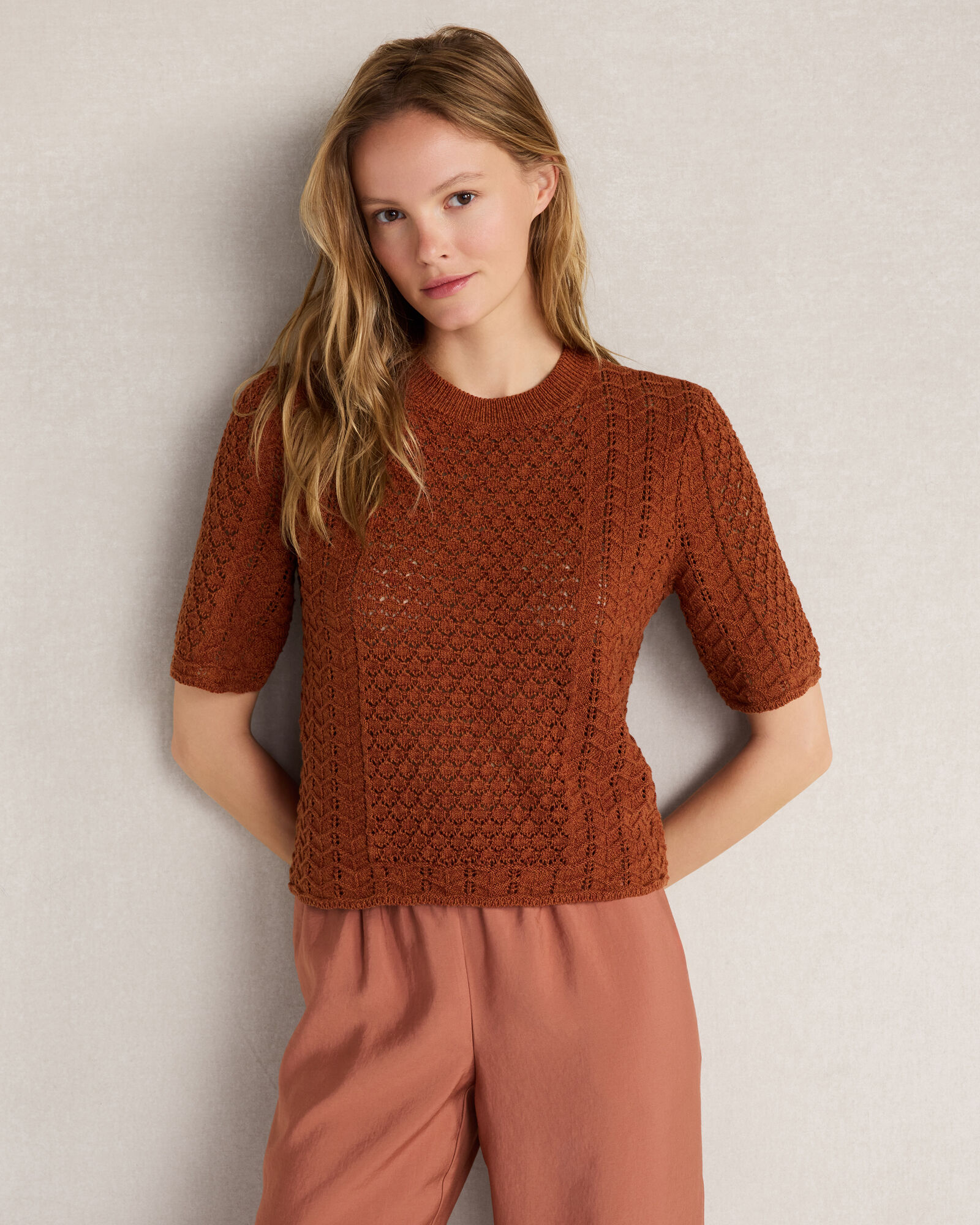 Organic Cotton Linen Pointelle Short Sleeve Sweater