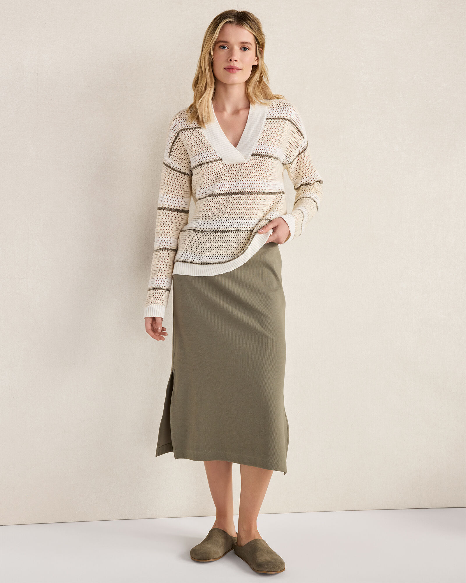 Cotton Linen Stripe Crossover Sweater
