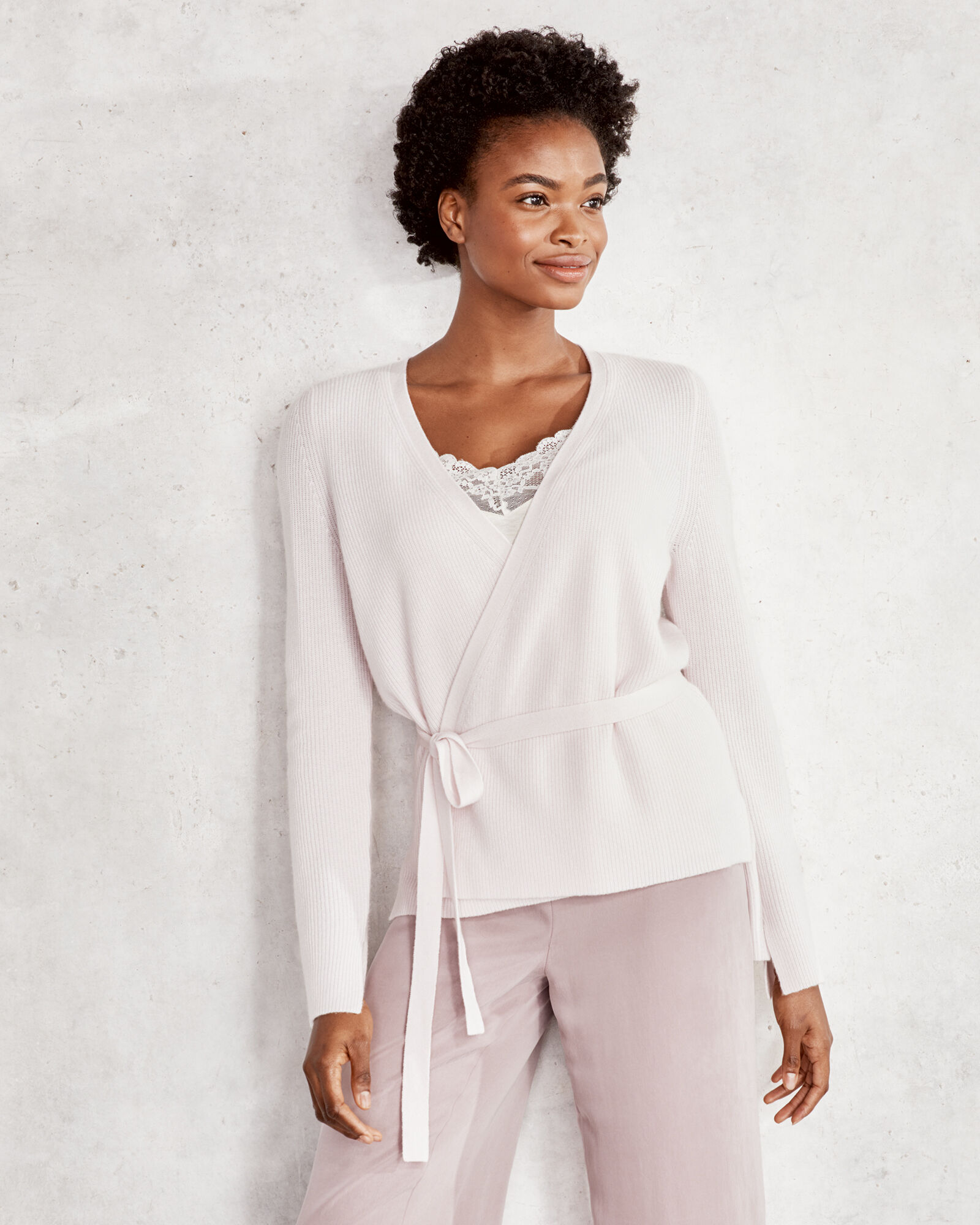 White cashmere wrap store sweater