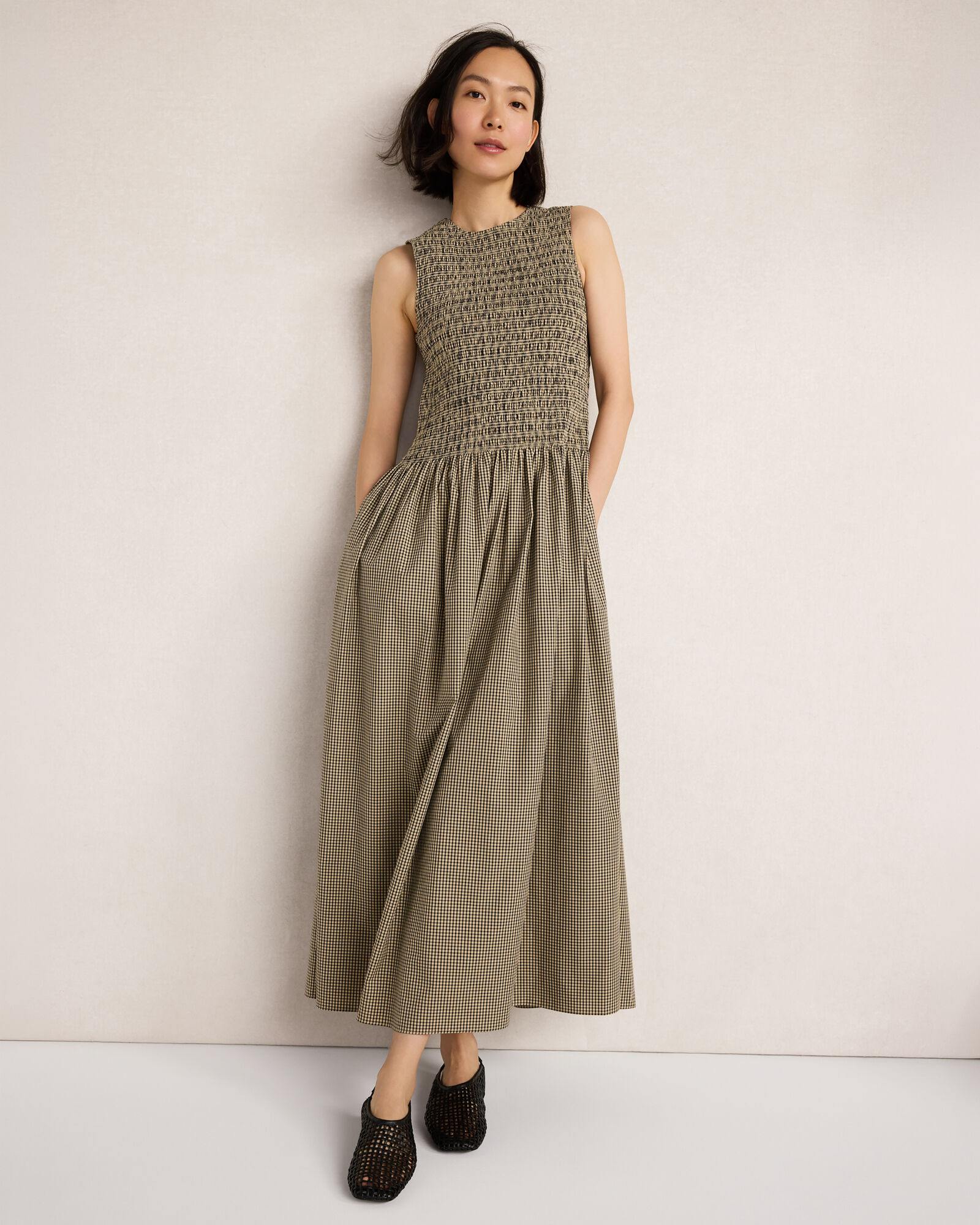 Organic Cotton Poplin Smocked Gingham Maxi Dress