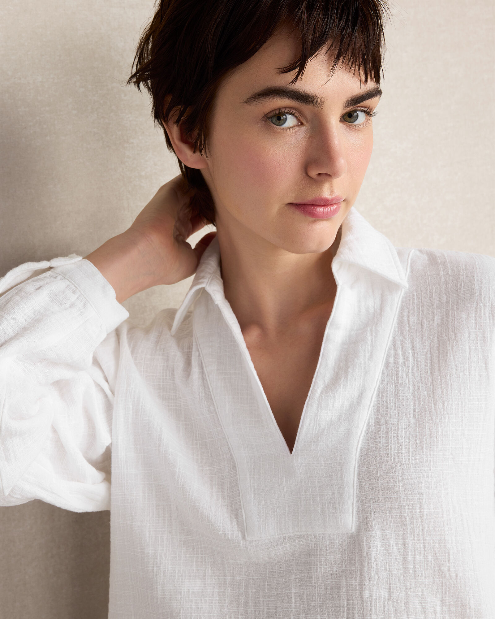 Textured Cotton Gauze Collared Top