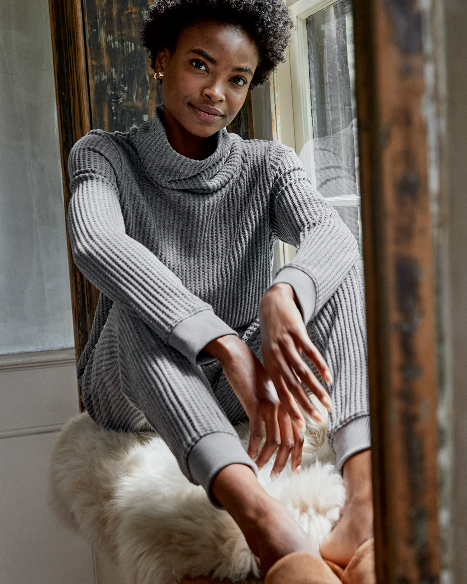 Cowl neck waffle best sale knit top