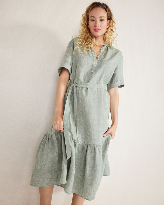 knee length dresses for ladies Woven Linen Pleated Top Midi Dress S / Beige main image 1