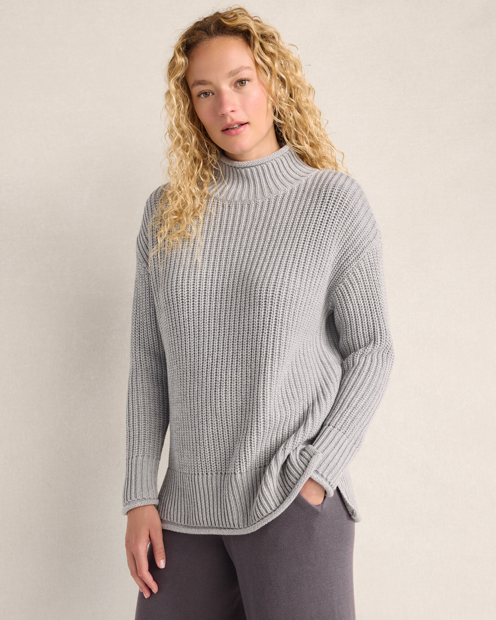 Organic Cotton Shaker Stitch Heathered Roll Neck Sweater