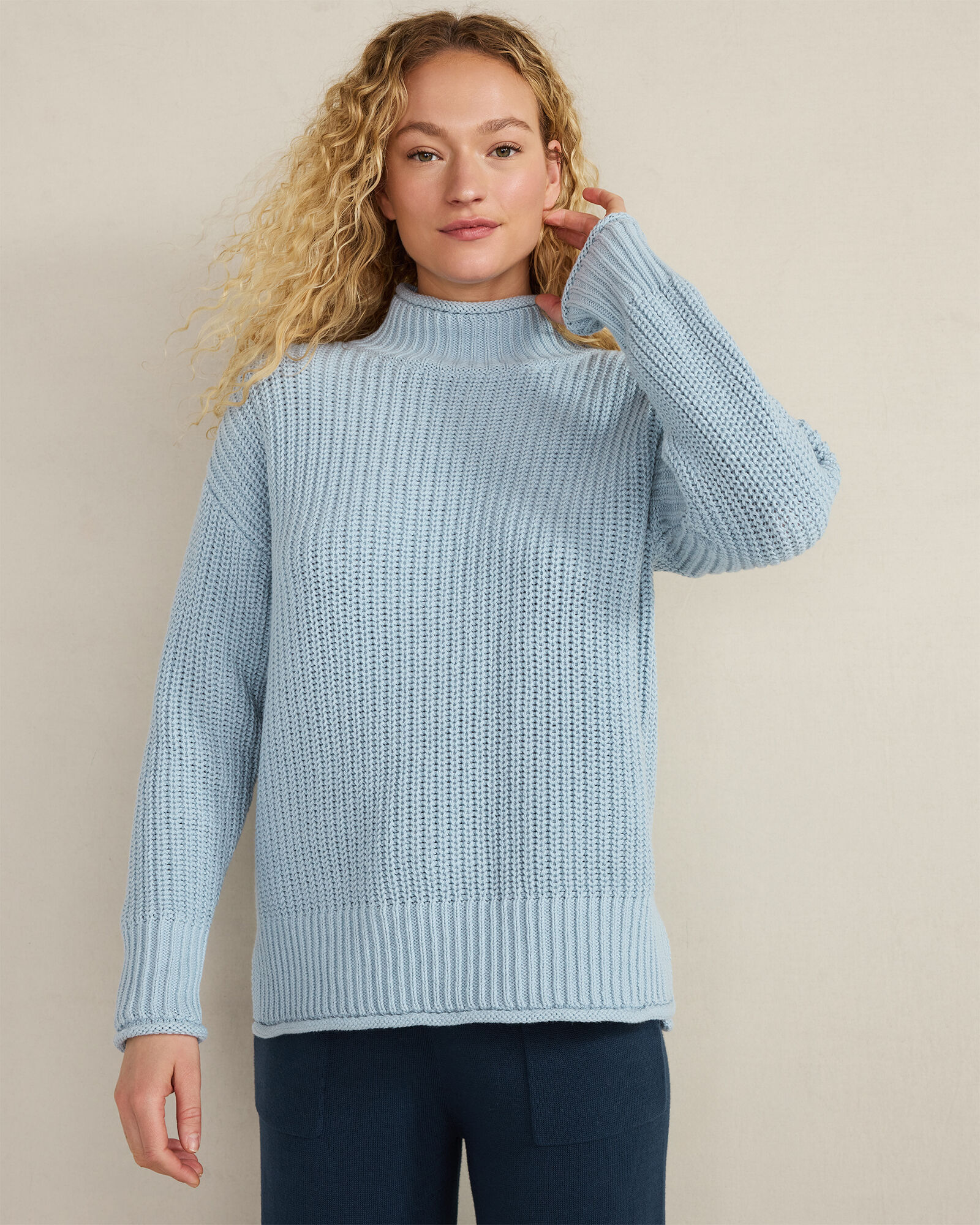Organic Cotton Shaker Stitch Roll Neck Sweater