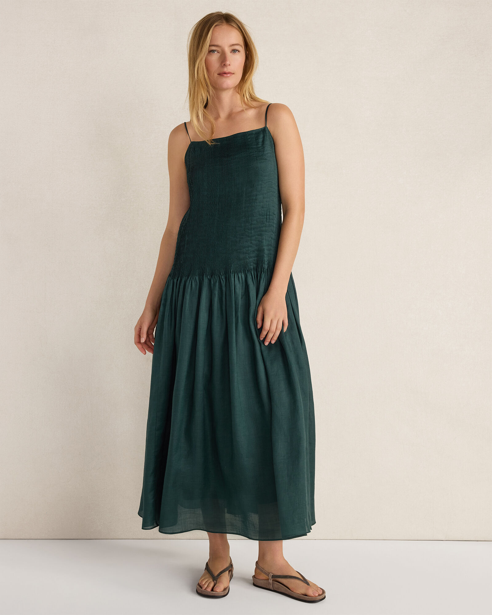 Ramie Blend Pleated Maxi Dress