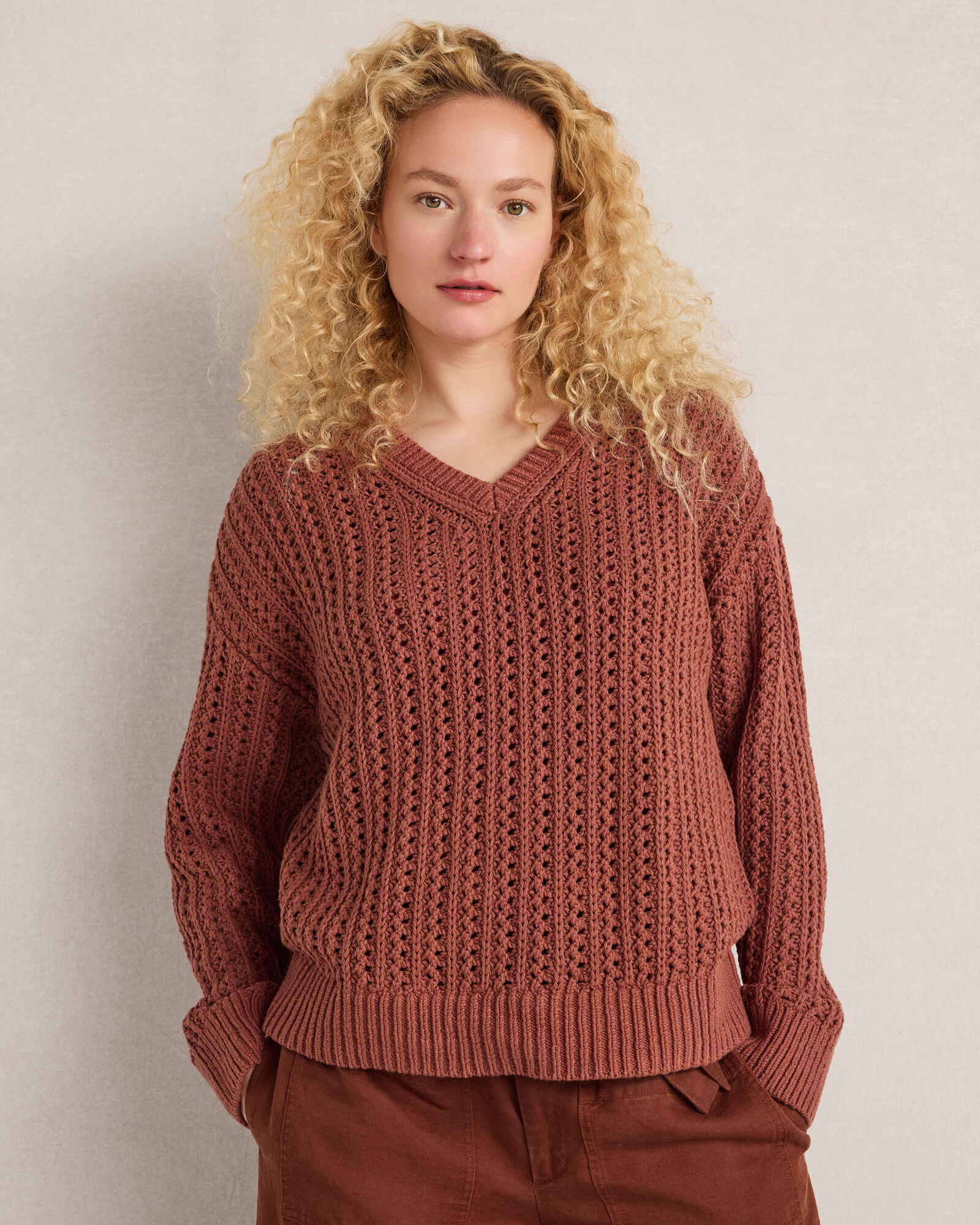 Textured Cotton Blend V-Neck Sweater