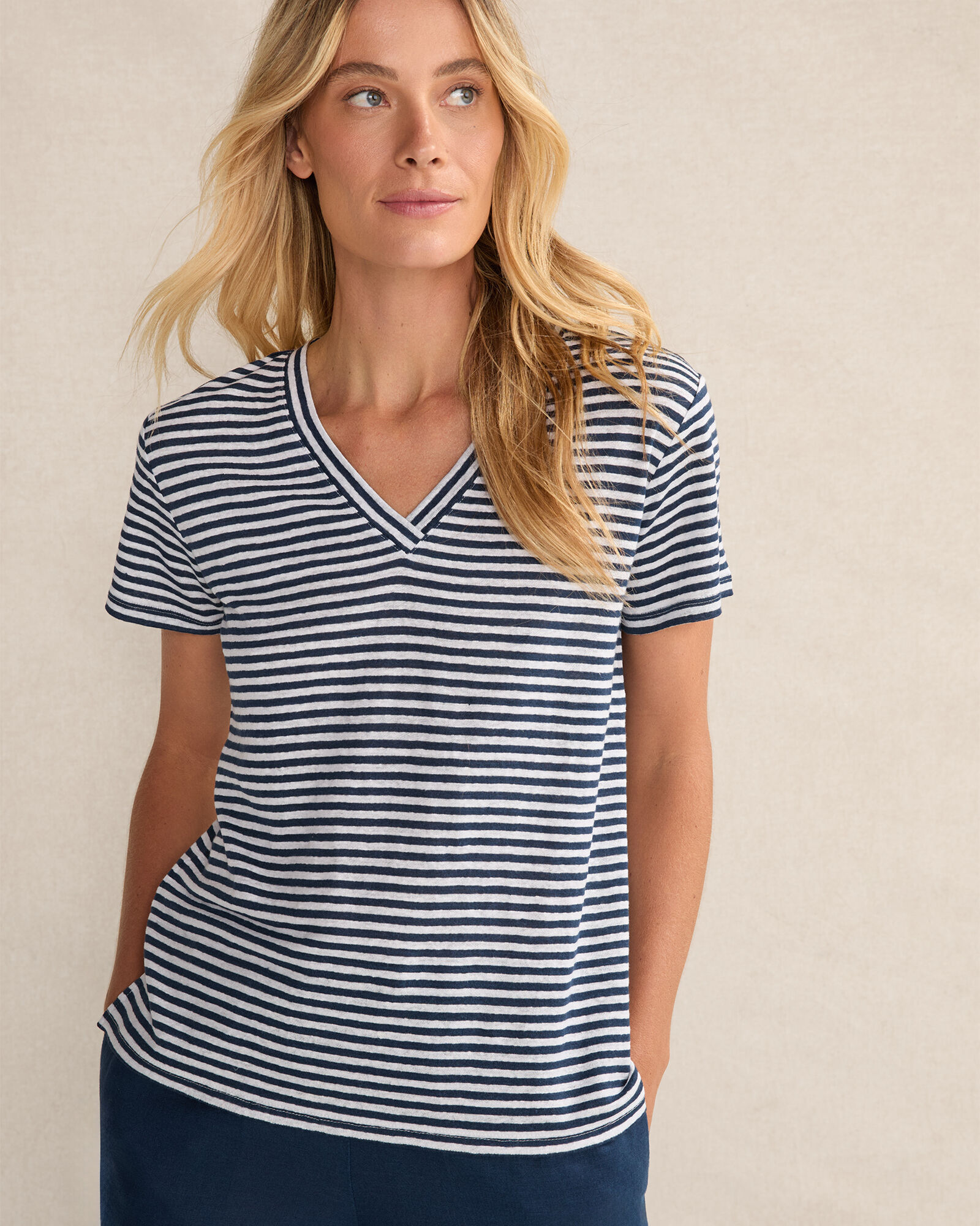 Linen Stripe Short Sleeve V-Neck Tee