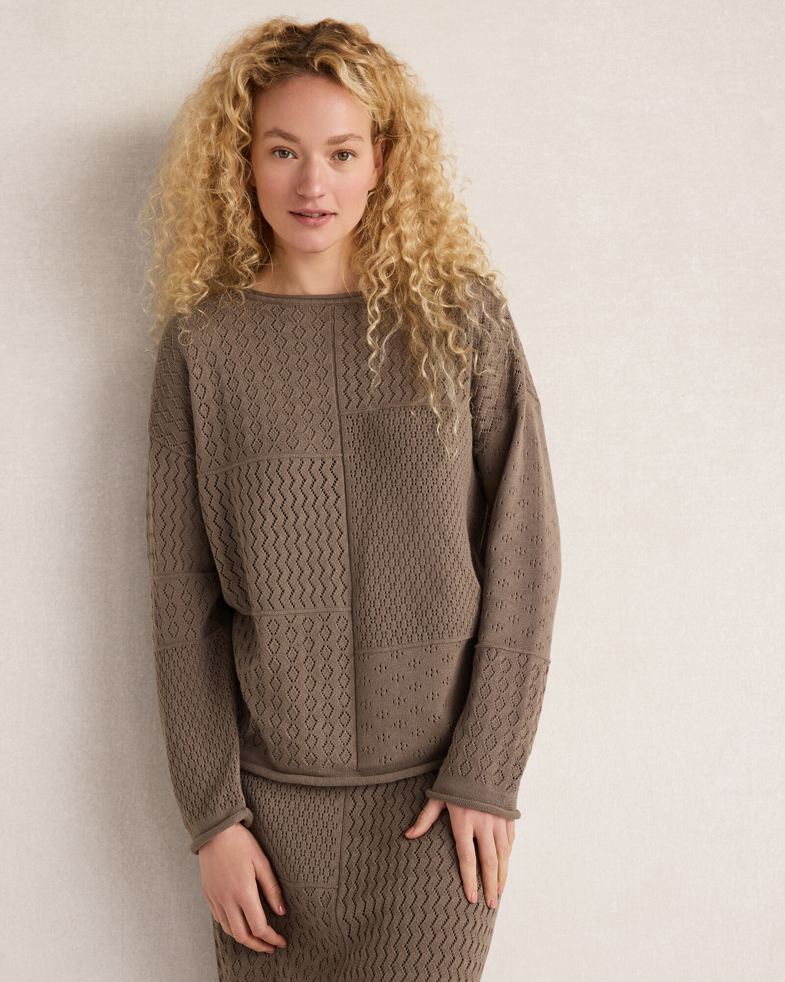 Organic Cotton Mixed Stitch Roll Neck Sweater