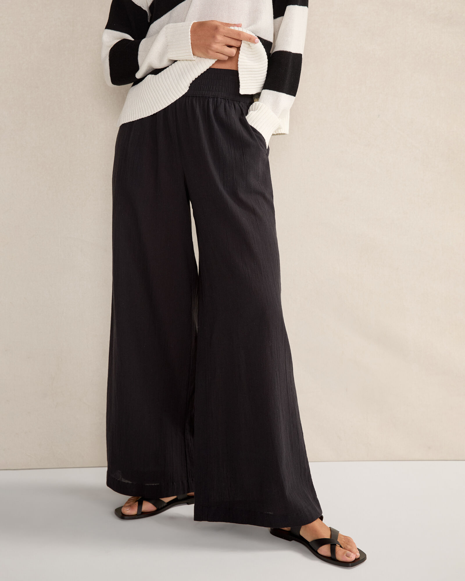 Gauze Wide-Leg Pants With Guipure Trim