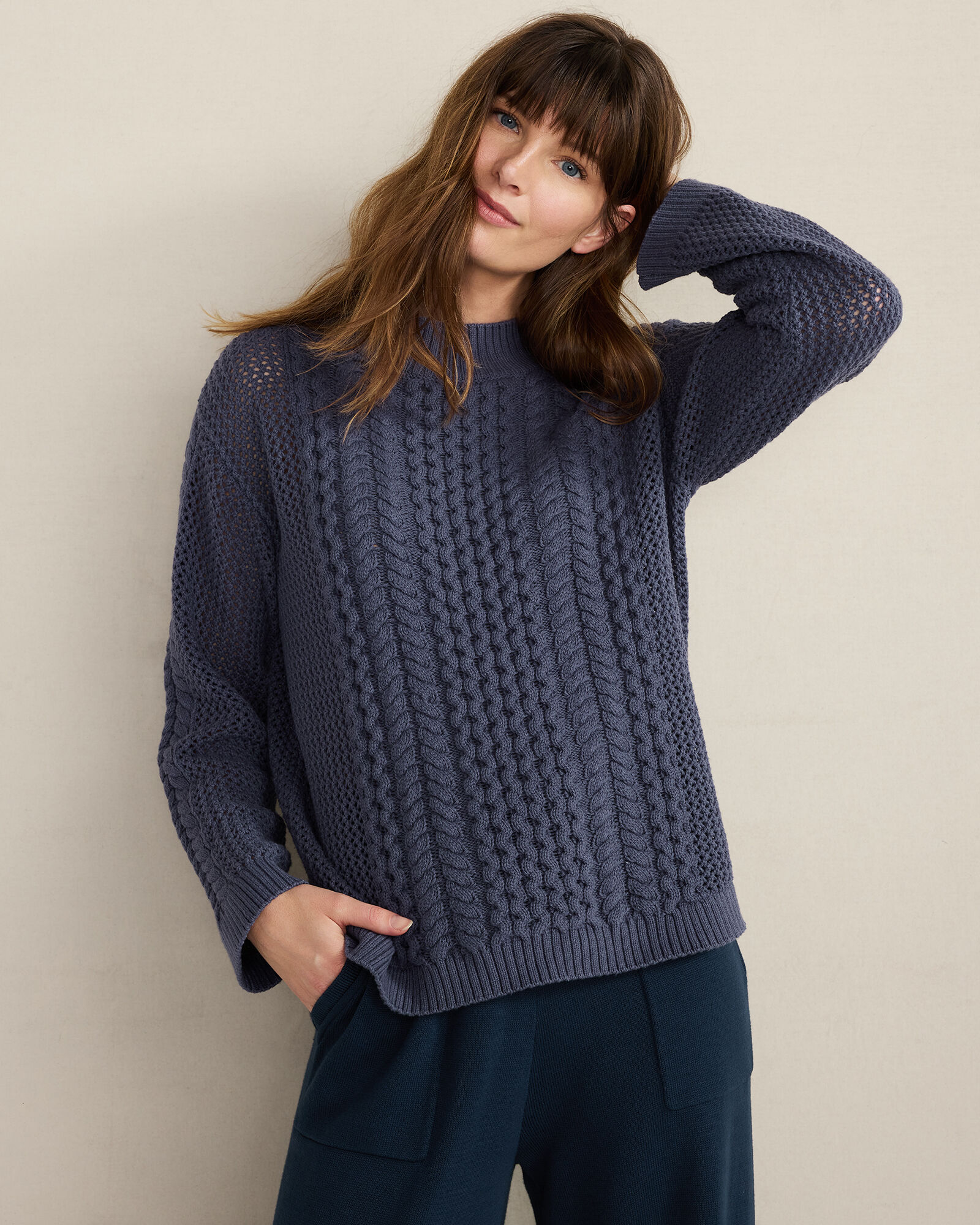Cotton Blend Mixed Stitch Crewneck Sweater