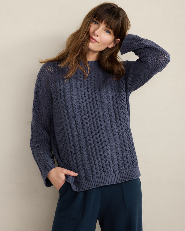 Cotton Blend Mixed Stitch Crewneck Sweater