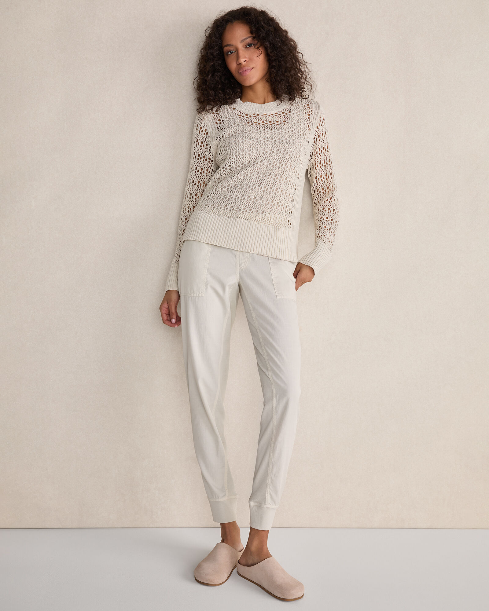 Organic Cotton Linen Open Stitch Crewneck Sweater